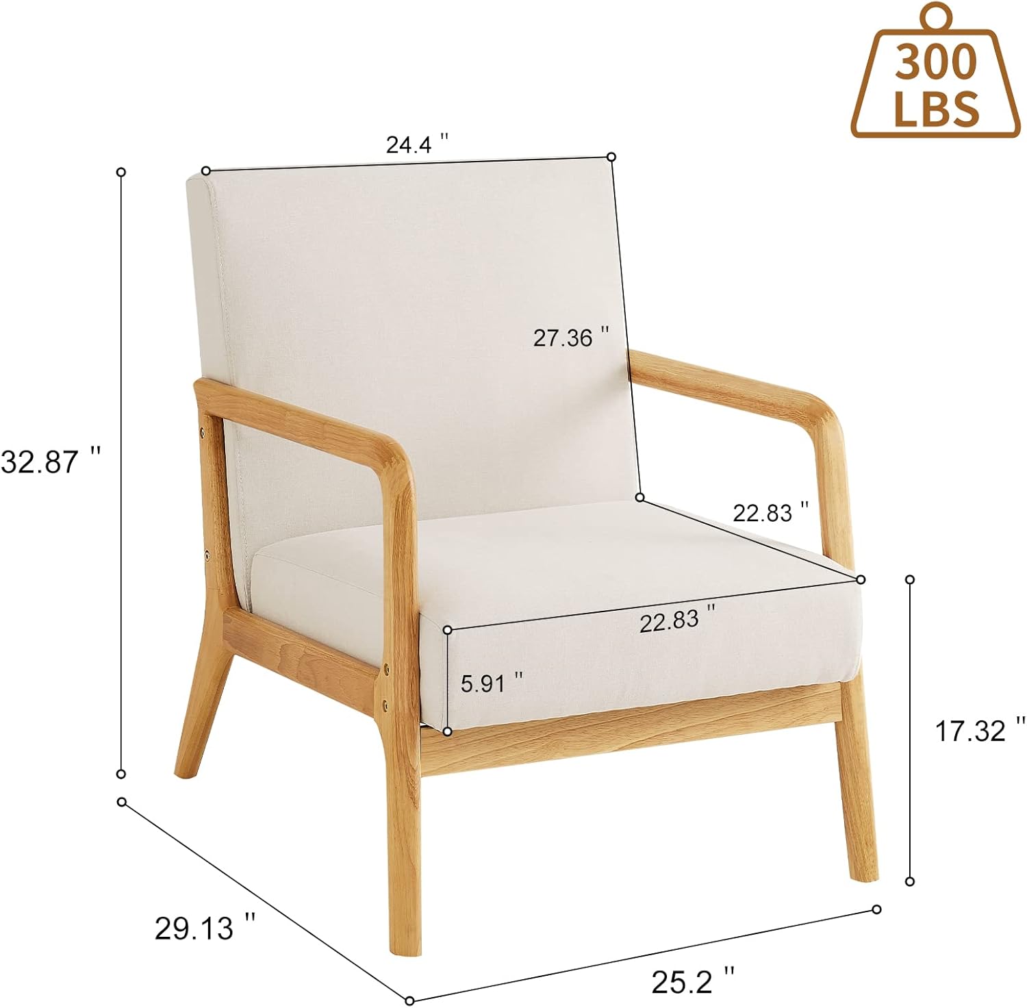 kinmars Mid Century Modern Accent Chair for Living Room Bedroom Armchair with Wooden Armrest Upholstered Arm Chair Reading Chair Comfy Linen Fabric Bedroom Chair (Beige) - Image 2