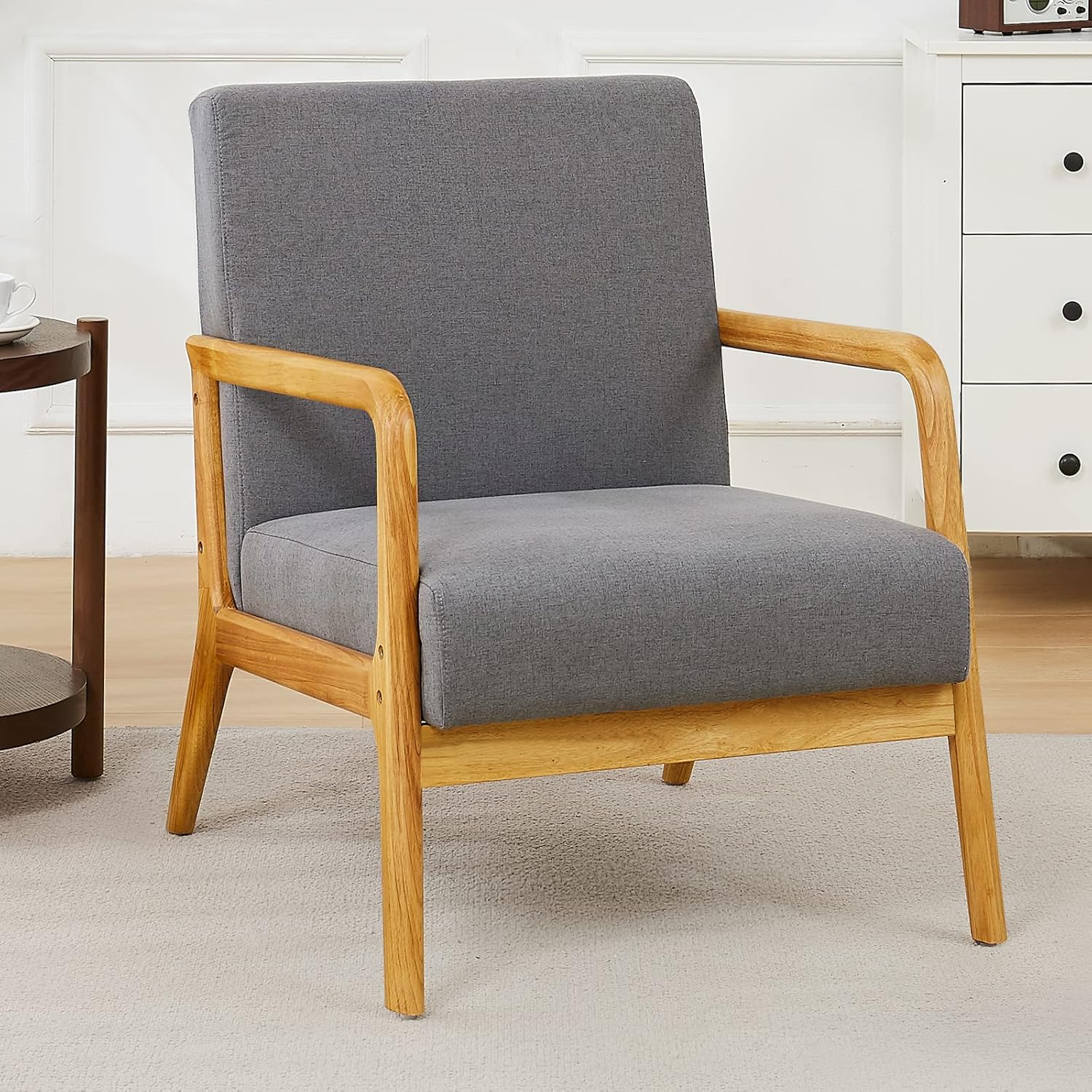 kinmars Mid Century Modern Accent Chair for Living Room Bedroom Armchair with Wooden Armrest Upholstered Arm Chair Reading Chair Comfy Linen Fabric Bedroom Chair (Beige) - Image 7