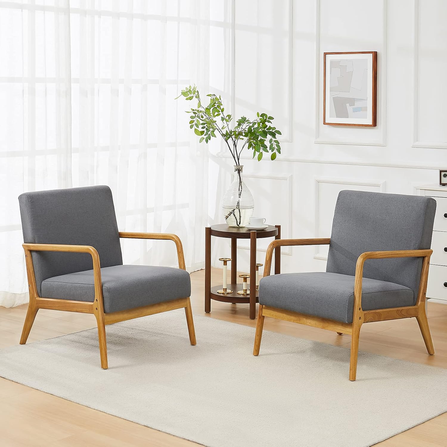 kinmars Mid Century Modern Accent Chair for Living Room Bedroom Armchair with Wooden Armrest Upholstered Arm Chair Reading Chair Comfy Linen Fabric Bedroom Chair (Beige) - Image 9