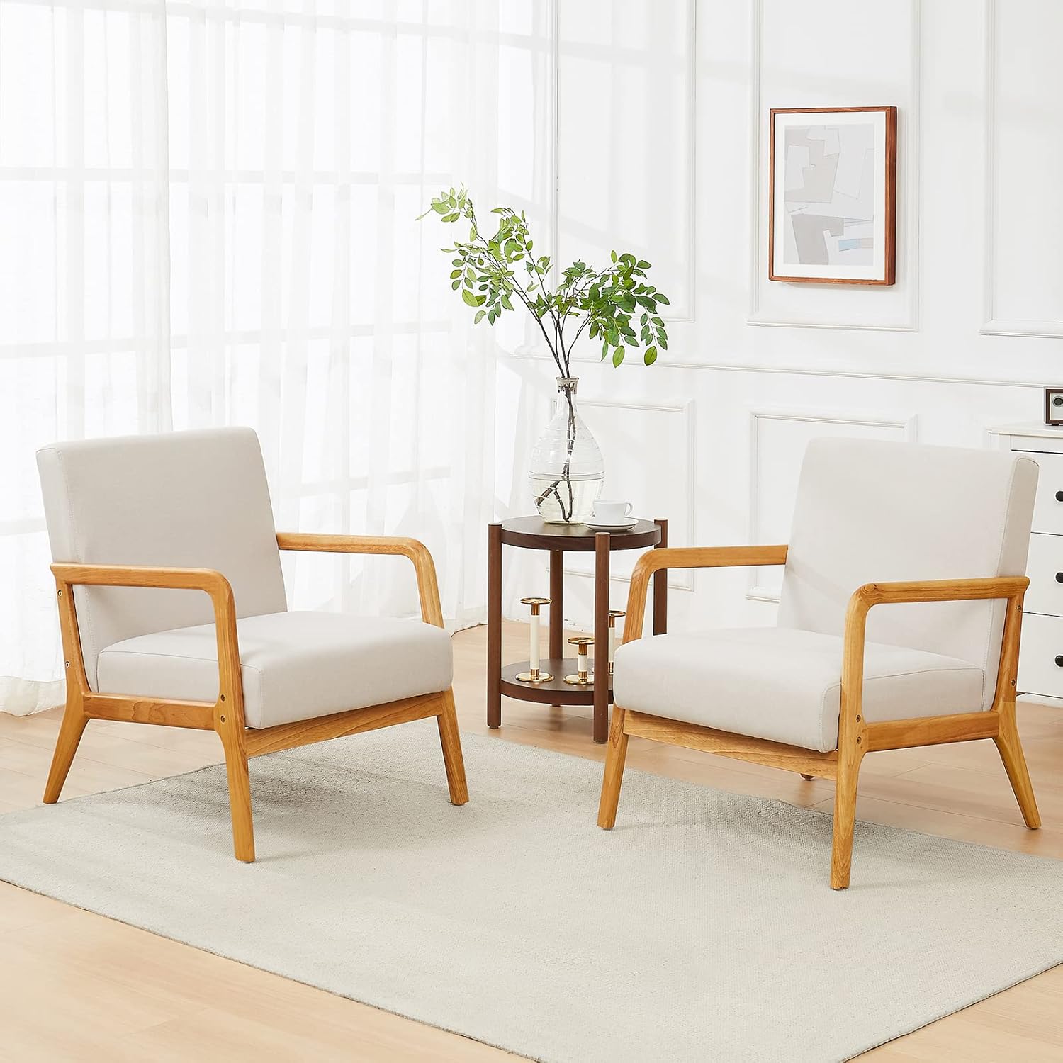 kinmars Mid Century Modern Accent Chair for Living Room Bedroom Armchair with Wooden Armrest Upholstered Arm Chair Reading Chair Comfy Linen Fabric Bedroom Chair (Beige) - Image 8