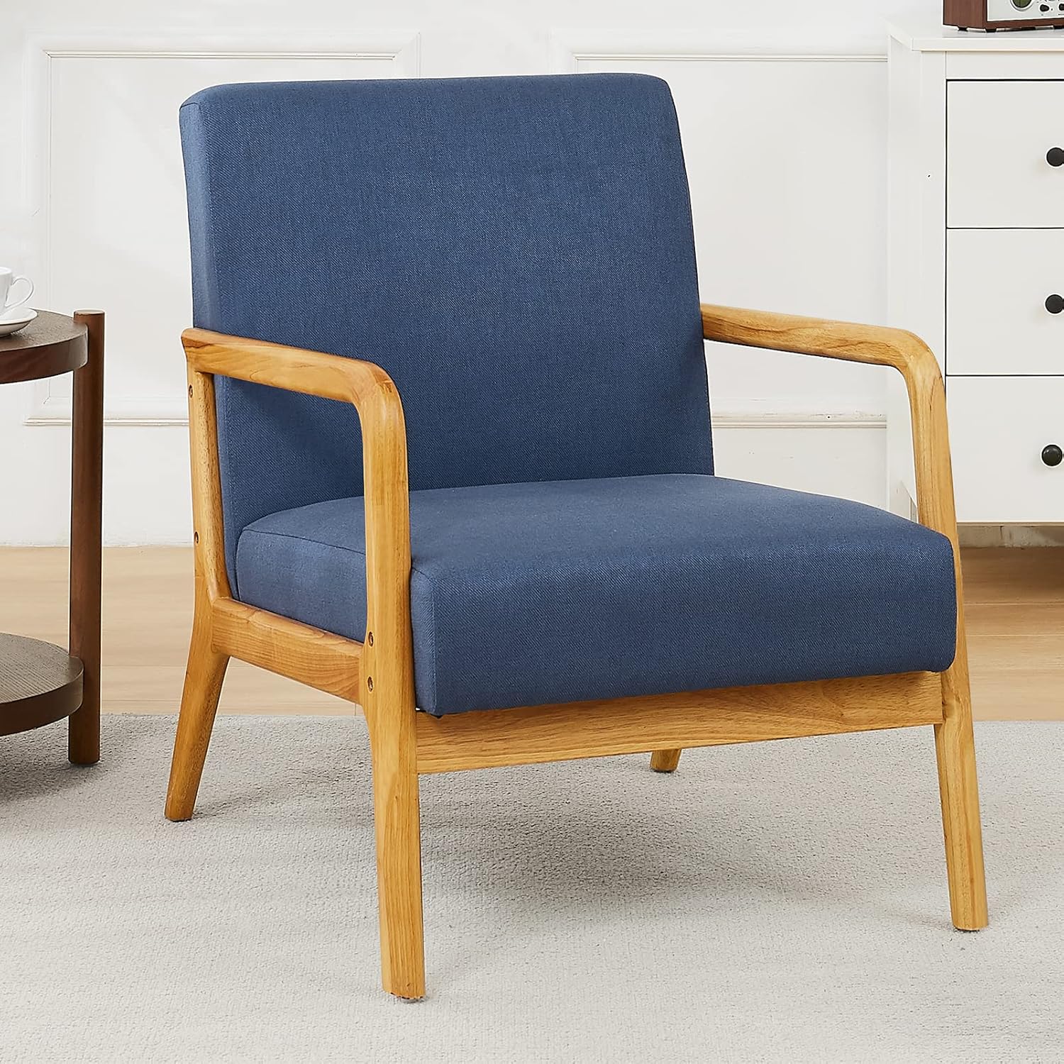 kinmars Mid Century Modern Accent Chair for Living Room Bedroom Armchair with Wooden Armrest Upholstered Arm Chair Reading Chair Comfy Linen Fabric Bedroom Chair (Beige) - Image 11