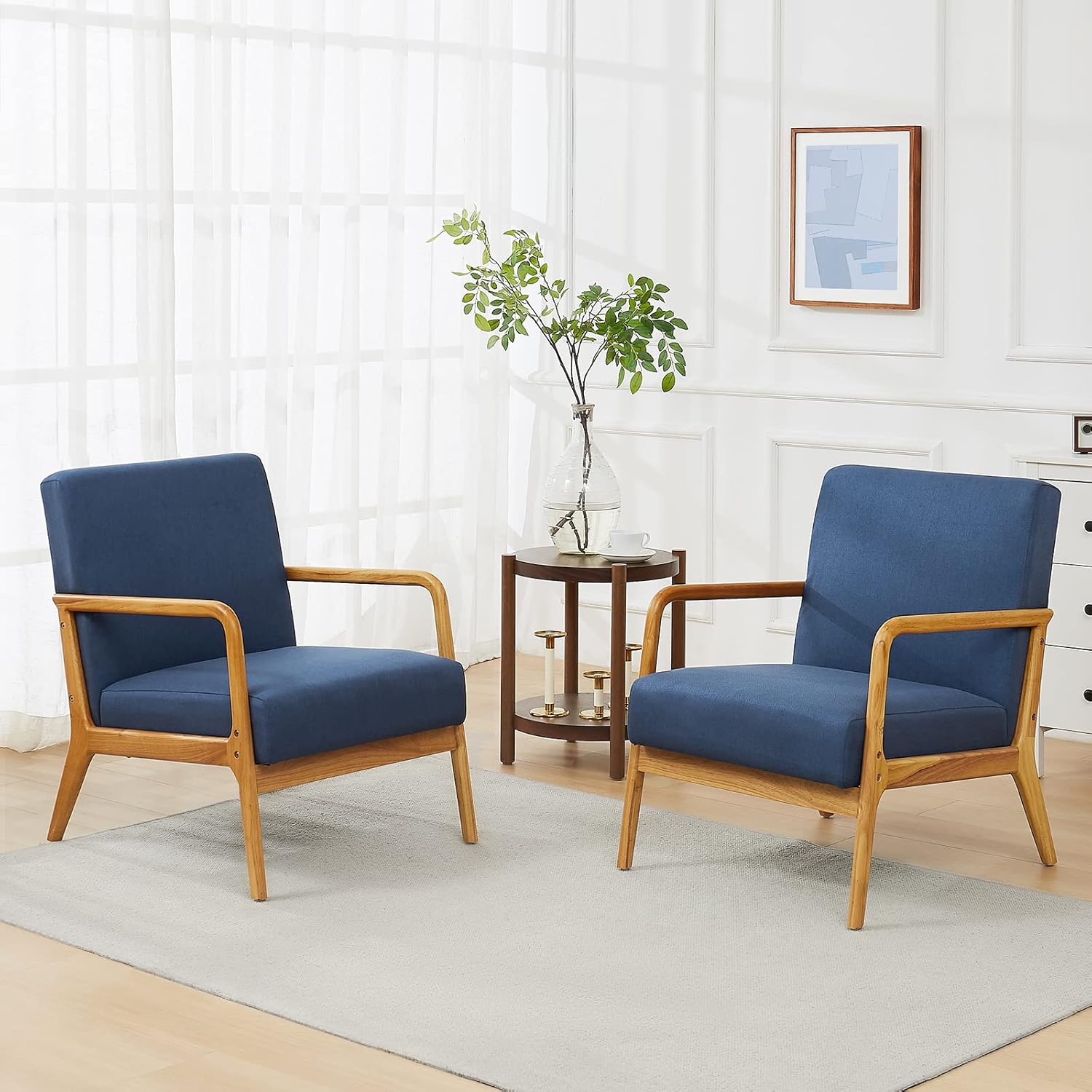 kinmars Mid Century Modern Accent Chair for Living Room Bedroom Armchair with Wooden Armrest Upholstered Arm Chair Reading Chair Comfy Linen Fabric Bedroom Chair (Beige) - Image 10