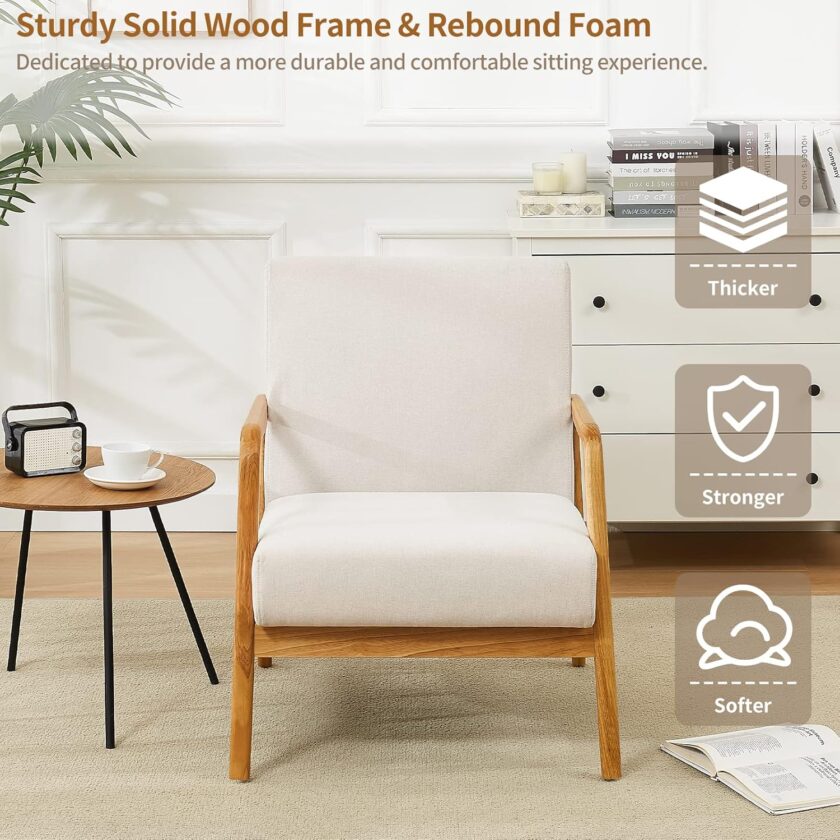 kinmars Mid Century Modern Accent Chair for Living Room Bedroom Armchair with Wooden Armrest Upholstered Arm Chair Reading Chair Comfy Linen Fabric Bedroom Chair (Beige) - Image 5