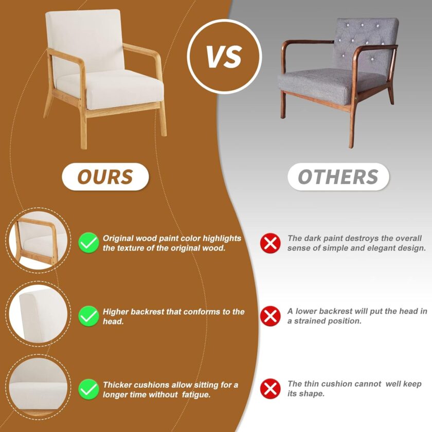 kinmars Mid Century Modern Accent Chair for Living Room Bedroom Armchair with Wooden Armrest Upholstered Arm Chair Reading Chair Comfy Linen Fabric Bedroom Chair (Beige) - Image 6