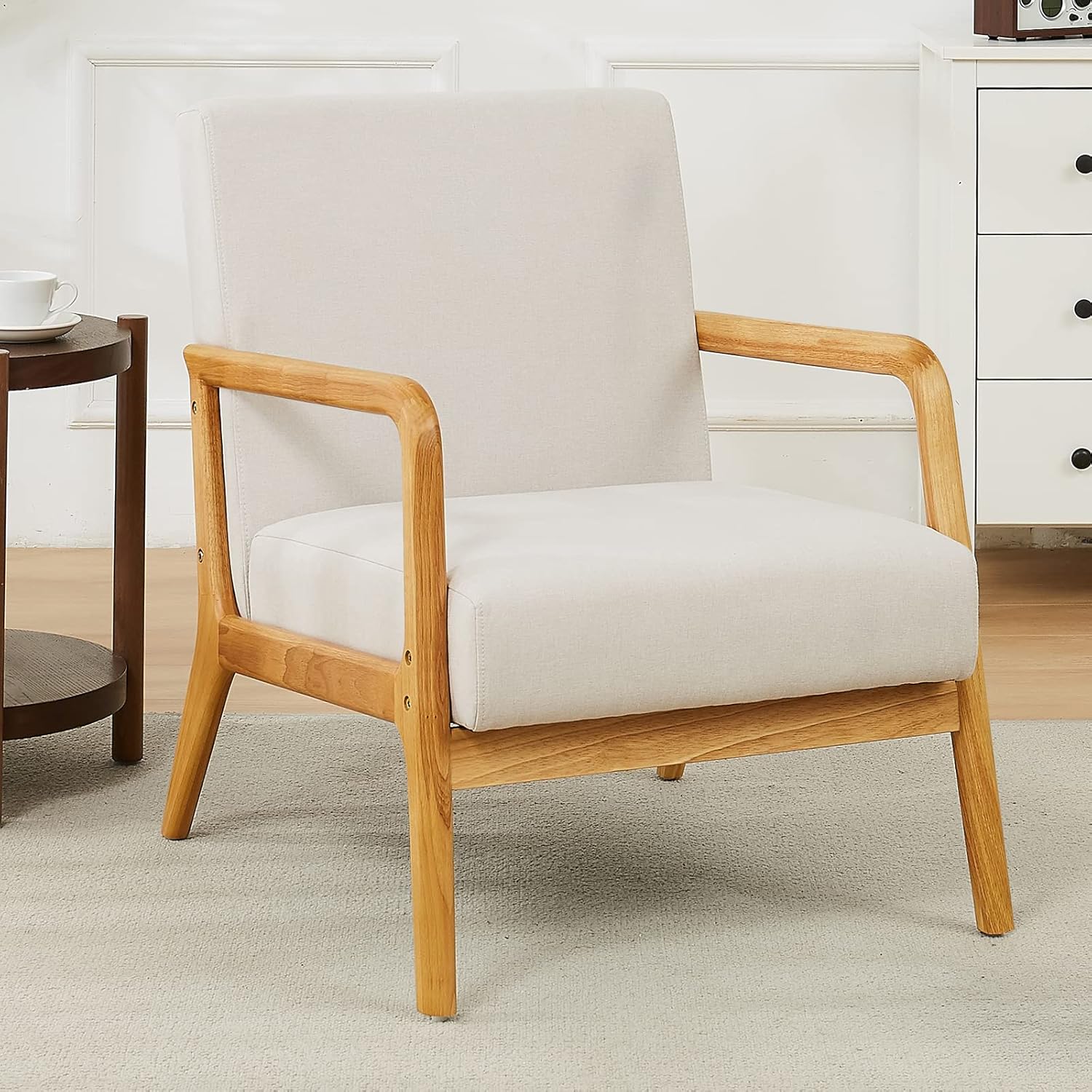 kinmars Mid Century Modern Accent Chair for Living Room Bedroom Armchair with Wooden Armrest Upholstered Arm Chair Reading Chair Comfy Linen Fabric Bedroom Chair (Beige)