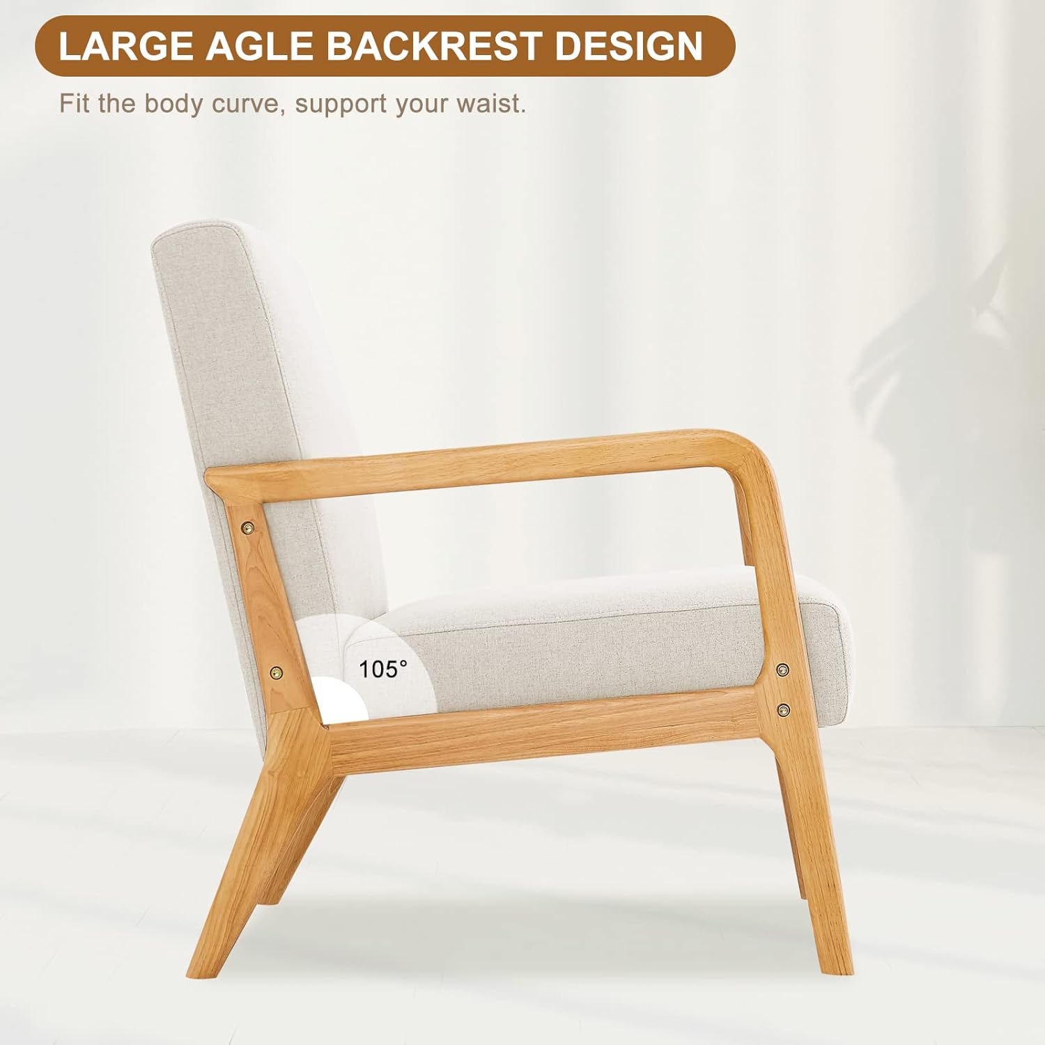kinmars Mid Century Modern Accent Chair for Living Room Bedroom Armchair with Wooden Armrest Upholstered Arm Chair Reading Chair Comfy Linen Fabric Bedroom Chair (Beige) - Image 3