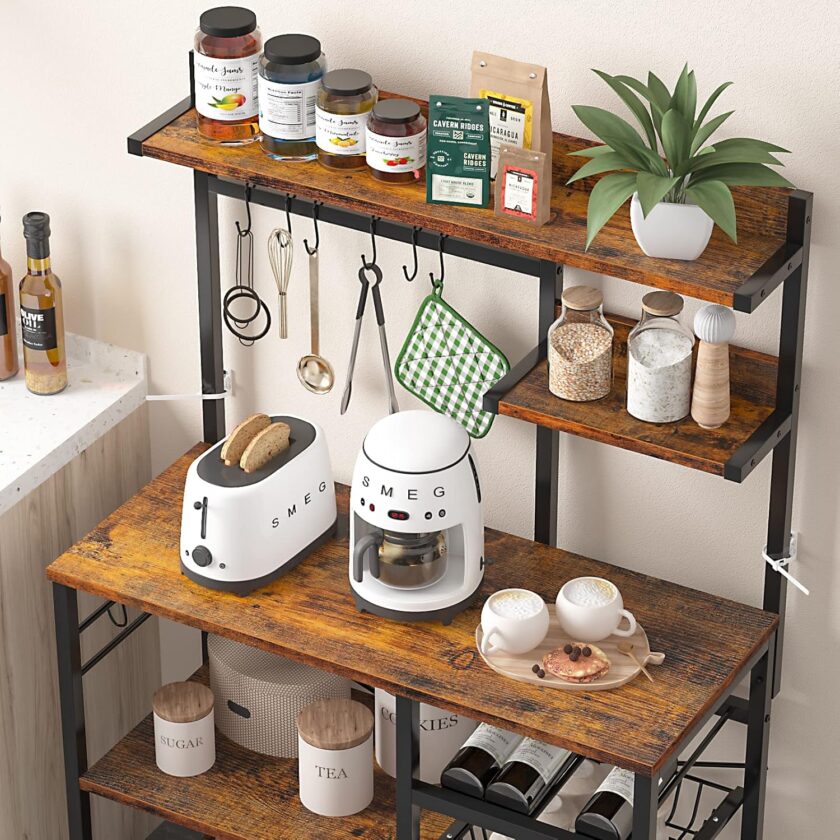 Kitchen Baker\u2019s Rack with 2 Pull Out Wire Baskets, Microwave Stand with Storage Shelf & Wine Rack, 5-Tier Utility Coffee Bar Station with 10 Hooks for Spice Rack Organizer Workstation, Rustic Brown - Image 3