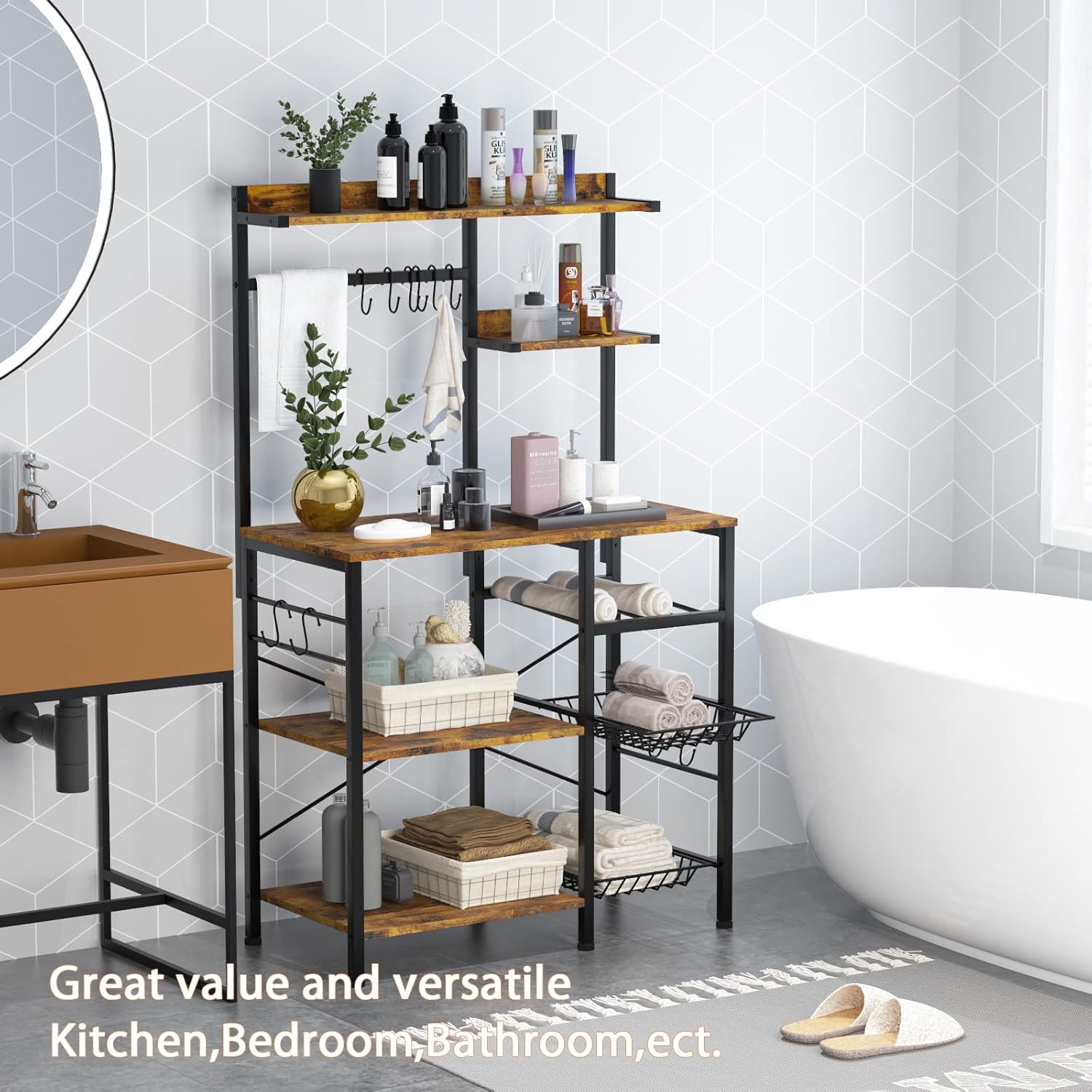 Kitchen Baker\u2019s Rack with 2 Pull Out Wire Baskets, Microwave Stand with Storage Shelf & Wine Rack, 5-Tier Utility Coffee Bar Station with 10 Hooks for Spice Rack Organizer Workstation, Rustic Brown - Image 8