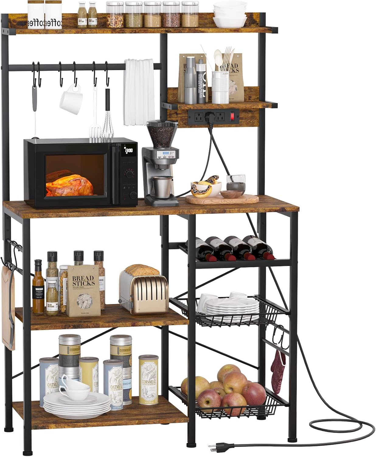Kitchen Baker\u2019s Rack with 2 Pull Out Wire Baskets, Microwave Stand with Storage Shelf & Wine Rack, 5-Tier Utility Coffee Bar Station with 10 Hooks for Spice Rack Organizer Workstation, Rustic Brown - Image 9