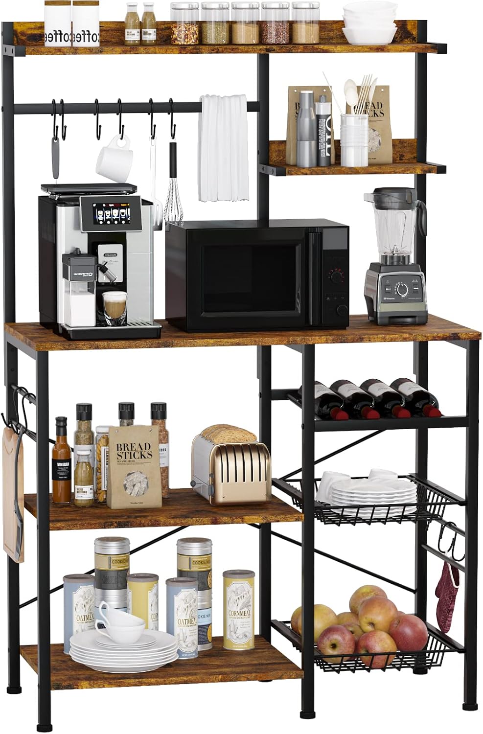 Kitchen Baker\u2019s Rack with 2 Pull Out Wire Baskets, Microwave Stand with Storage Shelf & Wine Rack, 5-Tier Utility Coffee Bar Station with 10 Hooks for Spice Rack Organizer Workstation, Rustic Brown