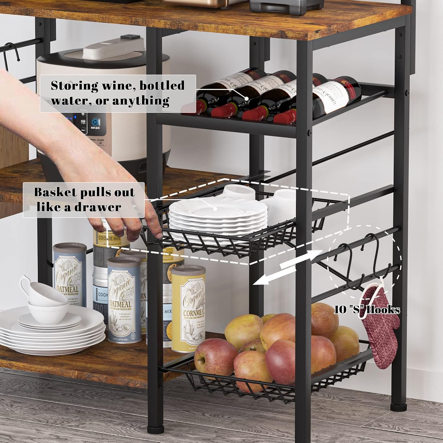 Kitchen Baker\u2019s Rack with 2 Pull Out Wire Baskets, Microwave Stand with Storage Shelf & Wine Rack, 5-Tier Utility Coffee Bar Station with 10 Hooks for Spice Rack Organizer Workstation, Rustic Brown - Image 4