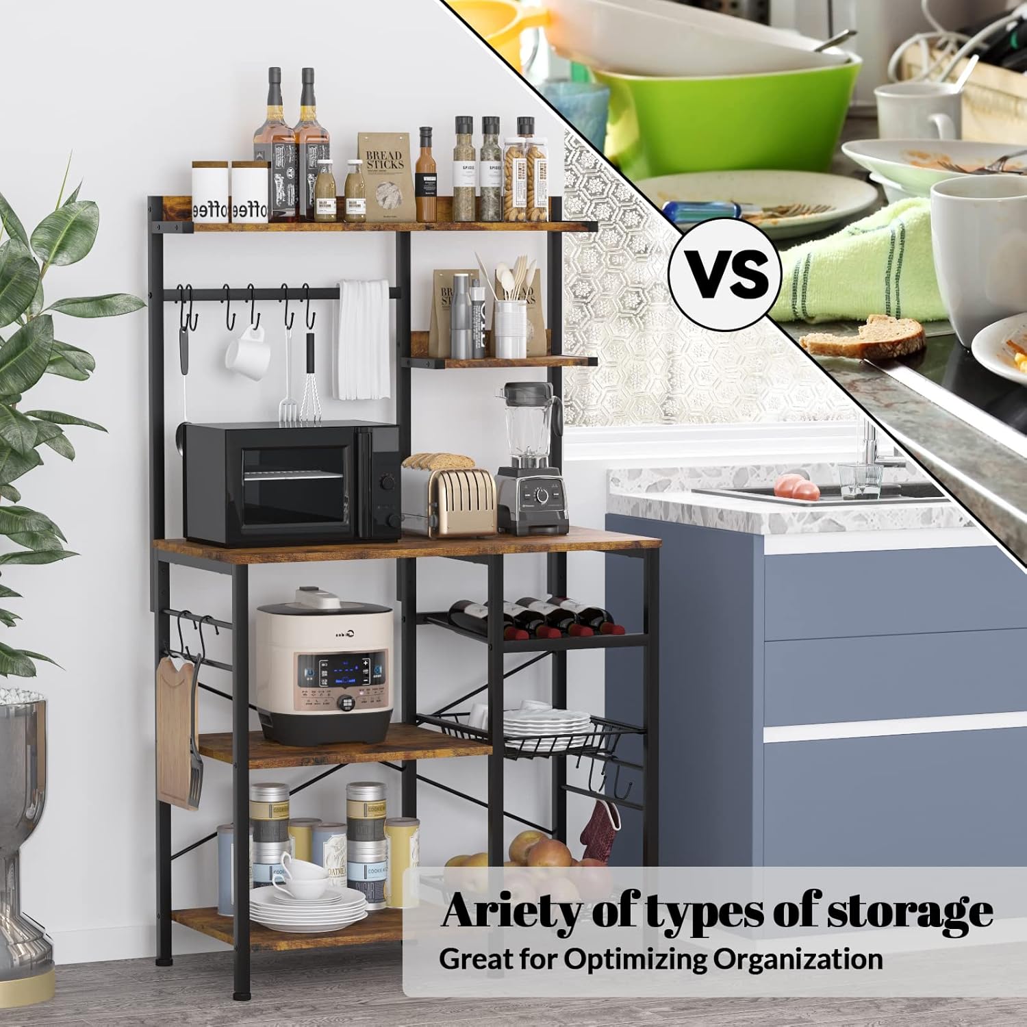 Kitchen Baker\u2019s Rack with 2 Pull Out Wire Baskets, Microwave Stand with Storage Shelf & Wine Rack, 5-Tier Utility Coffee Bar Station with 10 Hooks for Spice Rack Organizer Workstation, Rustic Brown - Image 6