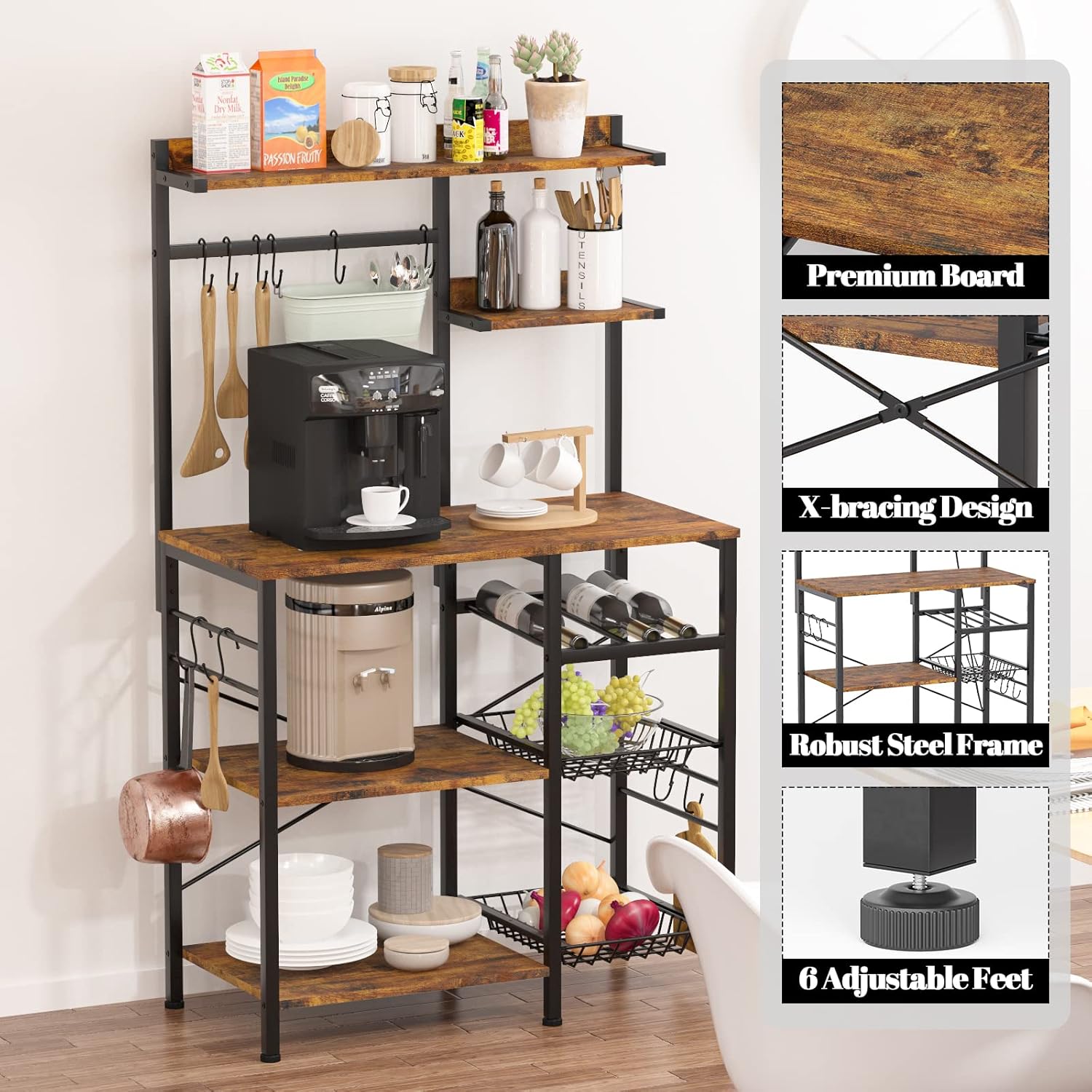 Kitchen Baker\u2019s Rack with 2 Pull Out Wire Baskets, Microwave Stand with Storage Shelf & Wine Rack, 5-Tier Utility Coffee Bar Station with 10 Hooks for Spice Rack Organizer Workstation, Rustic Brown - Image 5