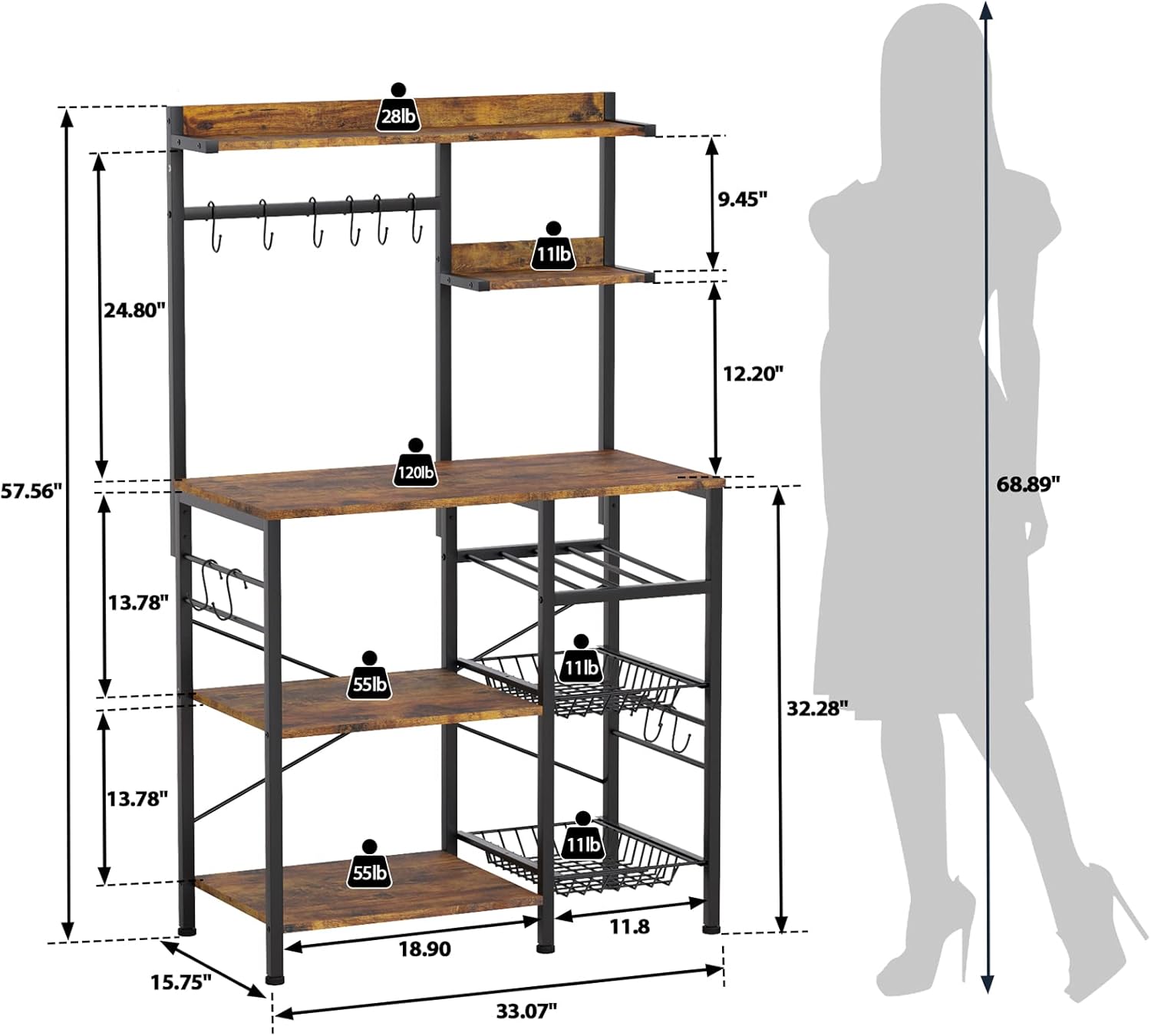 Kitchen Baker\u2019s Rack with 2 Pull Out Wire Baskets, Microwave Stand with Storage Shelf & Wine Rack, 5-Tier Utility Coffee Bar Station with 10 Hooks for Spice Rack Organizer Workstation, Rustic Brown - Image 2
