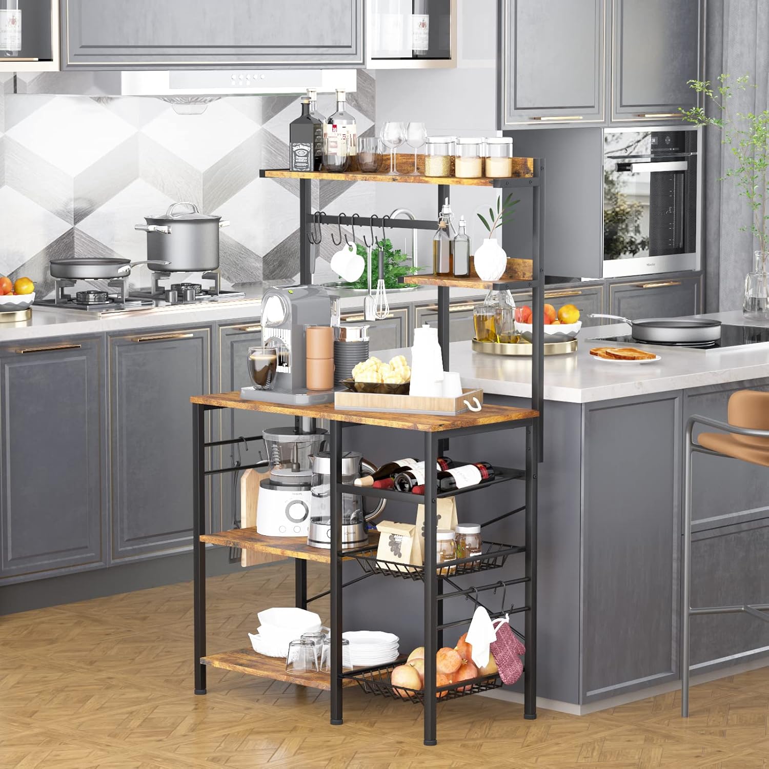 Kitchen Baker\u2019s Rack with 2 Pull Out Wire Baskets, Microwave Stand with Storage Shelf & Wine Rack, 5-Tier Utility Coffee Bar Station with 10 Hooks for Spice Rack Organizer Workstation, Rustic Brown - Image 7