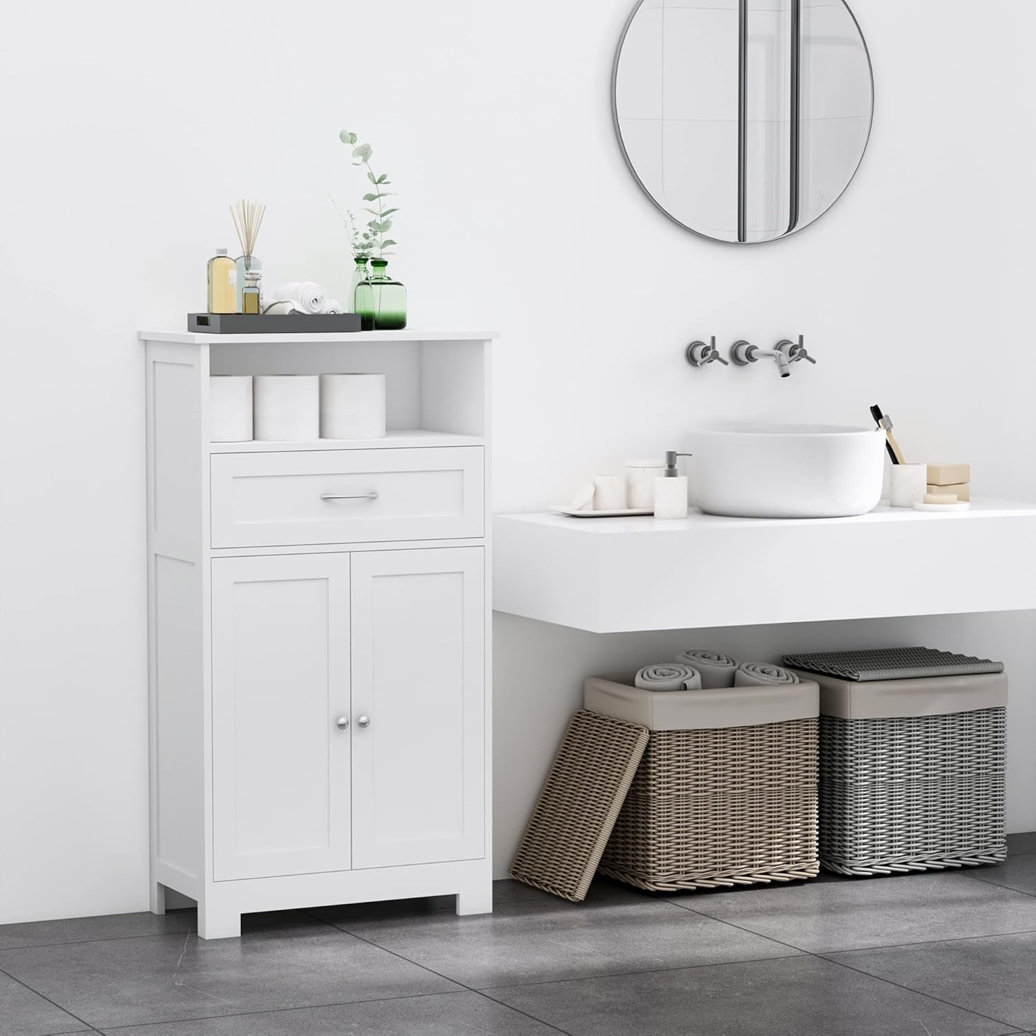 kleankin Modern Bathroom Floor Cabinet, Free Standing Storage Cupboard, Linen Cabinet with Drawer and Adjustable Shelf, White - Image 2