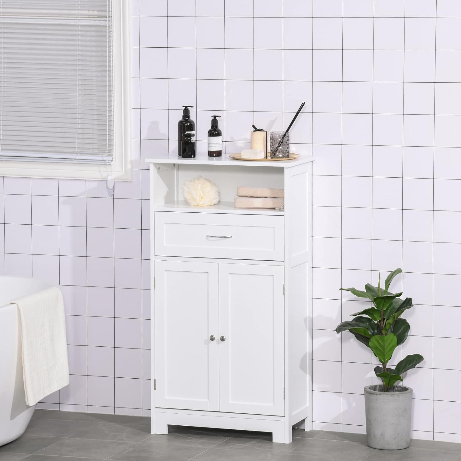 kleankin Modern Bathroom Floor Cabinet, Free Standing Storage Cupboard, Linen Cabinet with Drawer and Adjustable Shelf, White - Image 8