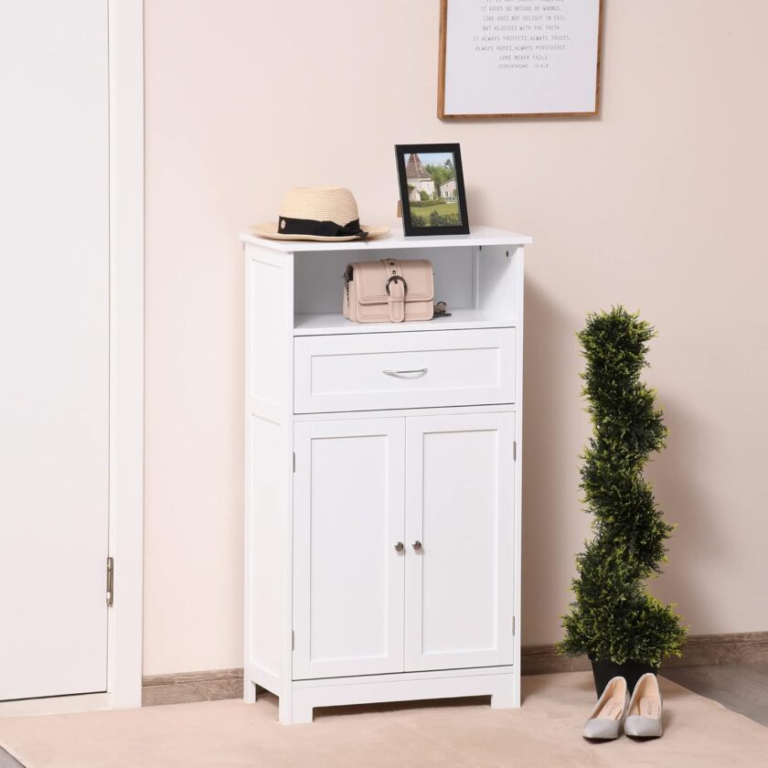 kleankin Modern Bathroom Floor Cabinet, Free Standing Storage Cupboard, Linen Cabinet with Drawer and Adjustable Shelf, White - Image 7