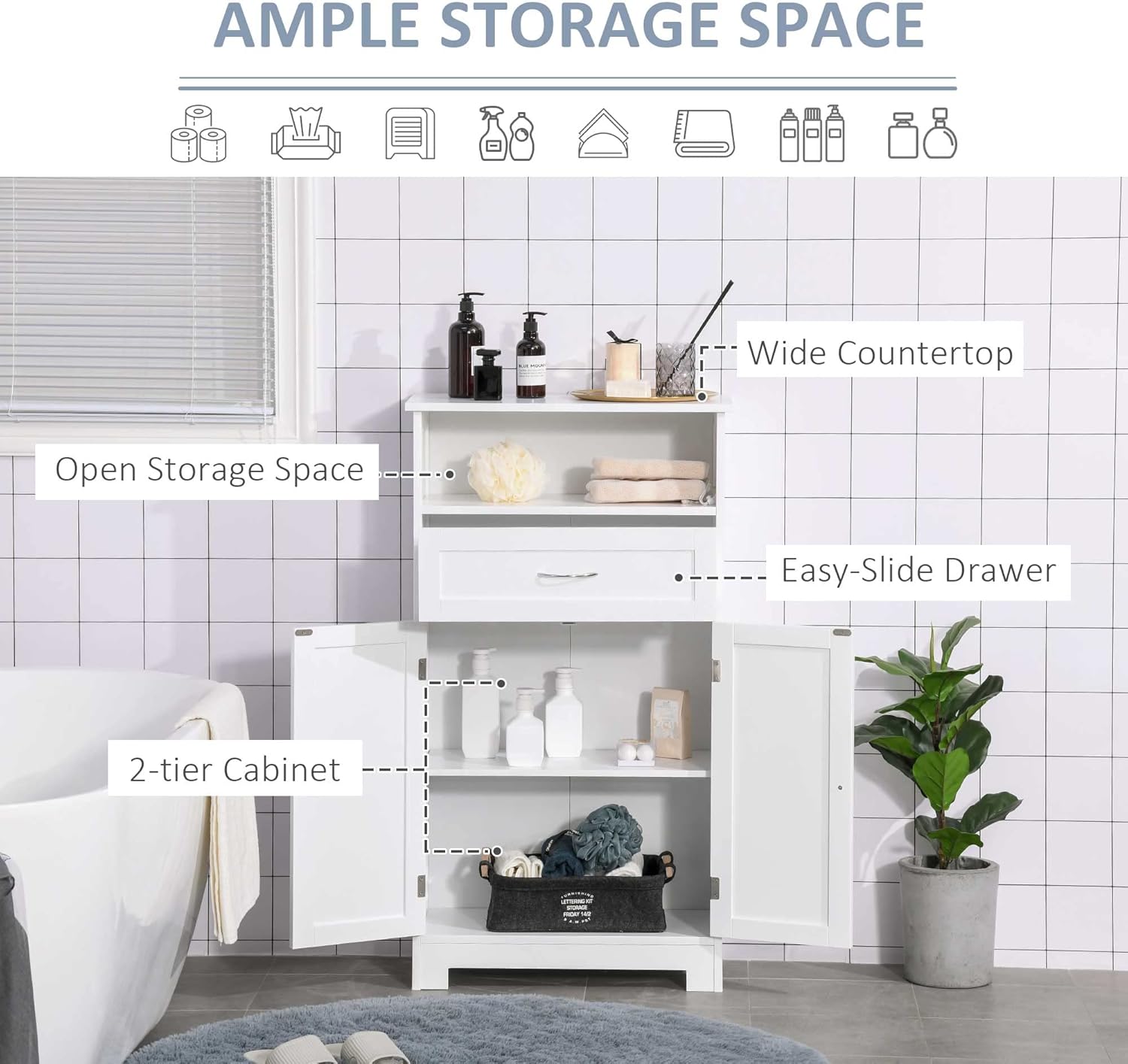 kleankin Modern Bathroom Floor Cabinet, Free Standing Storage Cupboard, Linen Cabinet with Drawer and Adjustable Shelf, White - Image 4