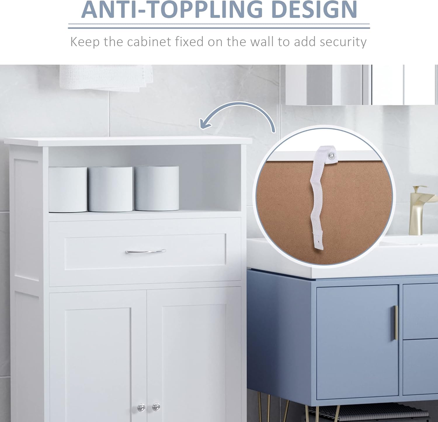 kleankin Modern Bathroom Floor Cabinet, Free Standing Storage Cupboard, Linen Cabinet with Drawer and Adjustable Shelf, White - Image 6