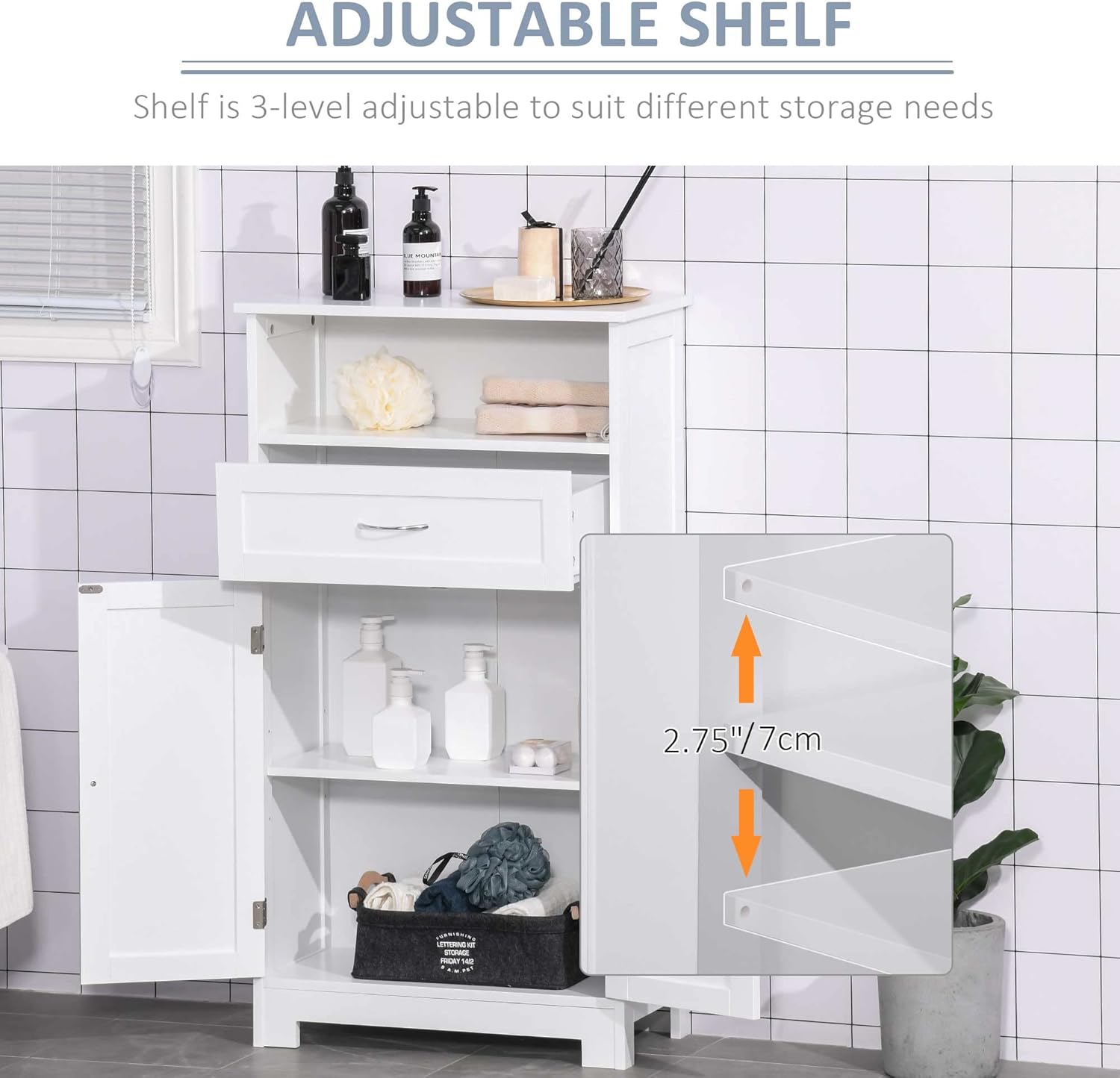 kleankin Modern Bathroom Floor Cabinet, Free Standing Storage Cupboard, Linen Cabinet with Drawer and Adjustable Shelf, White - Image 5