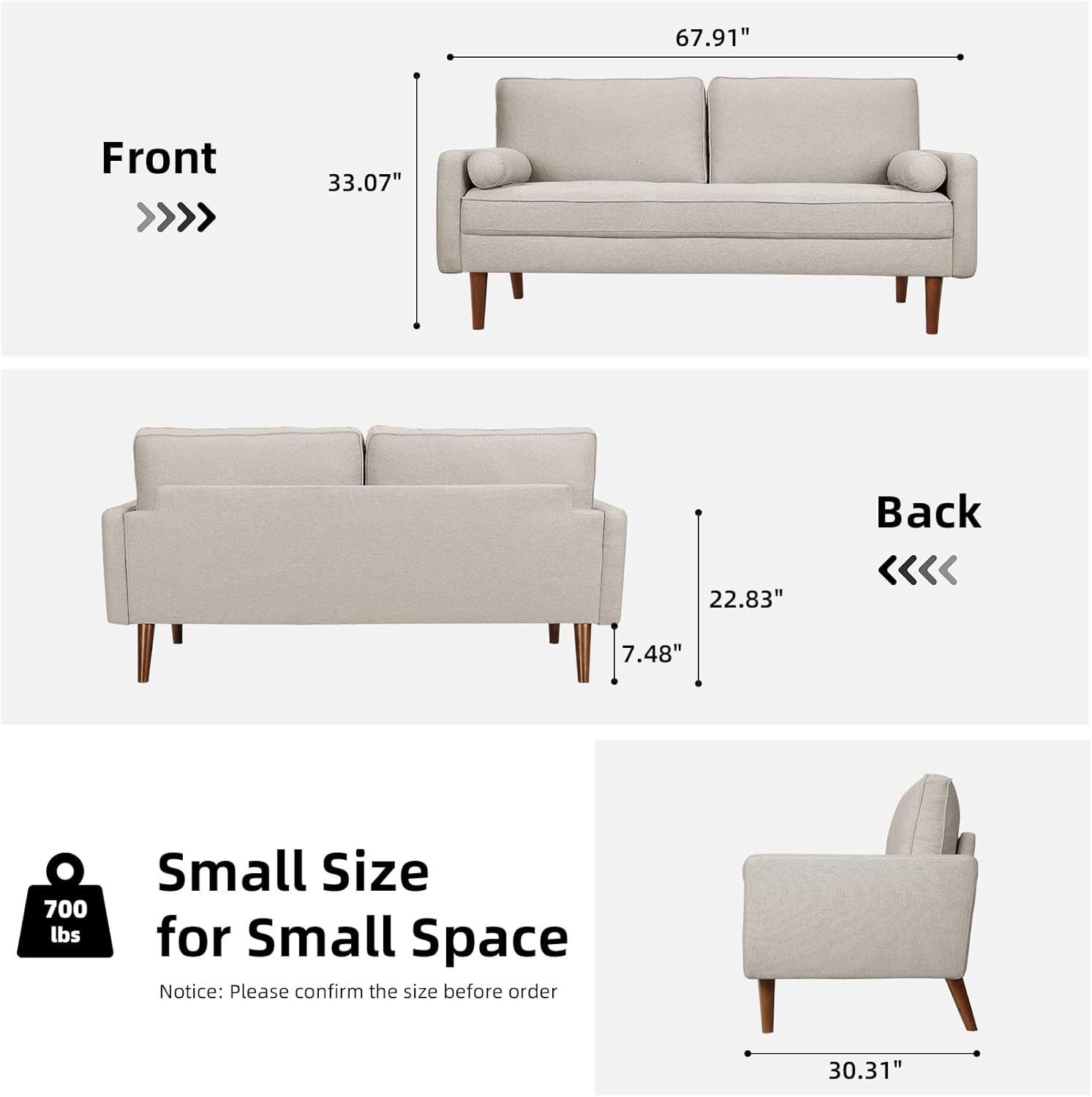 Koorlian Beige Small Couches, 68 inch Fabric Loveseat Sofa, 2 Seater Couch for Small Space, Button Tufted Seat Cushion, Square Armrest, 2 Throw Pillows, Modern Sofa for Bedroon, Living Room, Apartment - Image 2