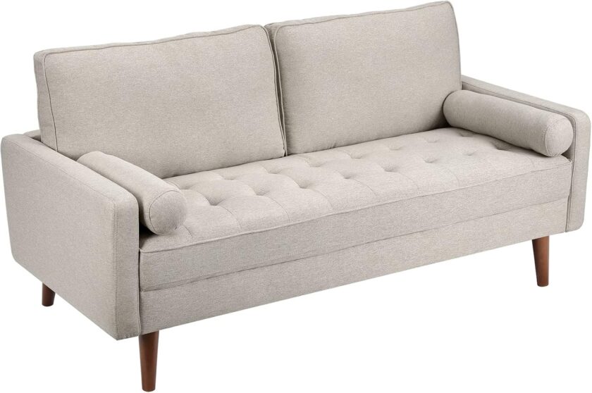 Koorlian Beige Small Couches, 68 inch Fabric Loveseat Sofa, 2 Seater Couch for Small Space, Button Tufted Seat Cushion, Square Armrest, 2 Throw Pillows, Modern Sofa for Bedroon, Living Room, Apartment