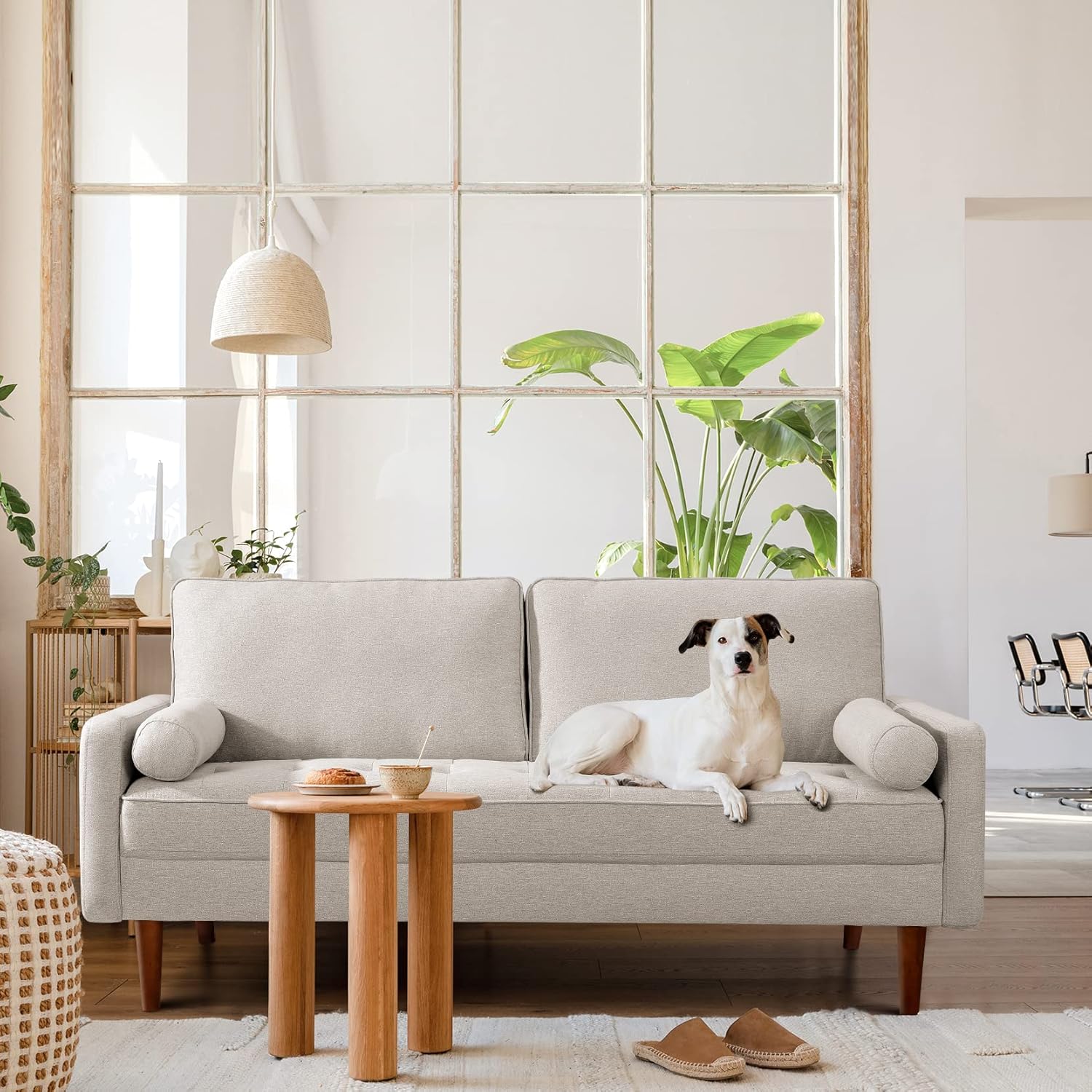 Koorlian Beige Small Couches, 68 inch Fabric Loveseat Sofa, 2 Seater Couch for Small Space, Button Tufted Seat Cushion, Square Armrest, 2 Throw Pillows, Modern Sofa for Bedroon, Living Room, Apartment - Image 4