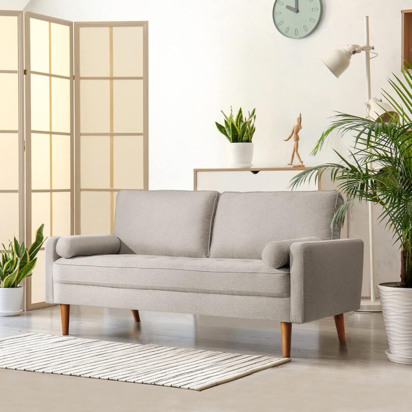 Koorlian Beige Small Couches, 68 inch Fabric Loveseat Sofa, 2 Seater Couch for Small Space, Button Tufted Seat Cushion, Square Armrest, 2 Throw Pillows, Modern Sofa for Bedroon, Living Room, Apartment - Image 3