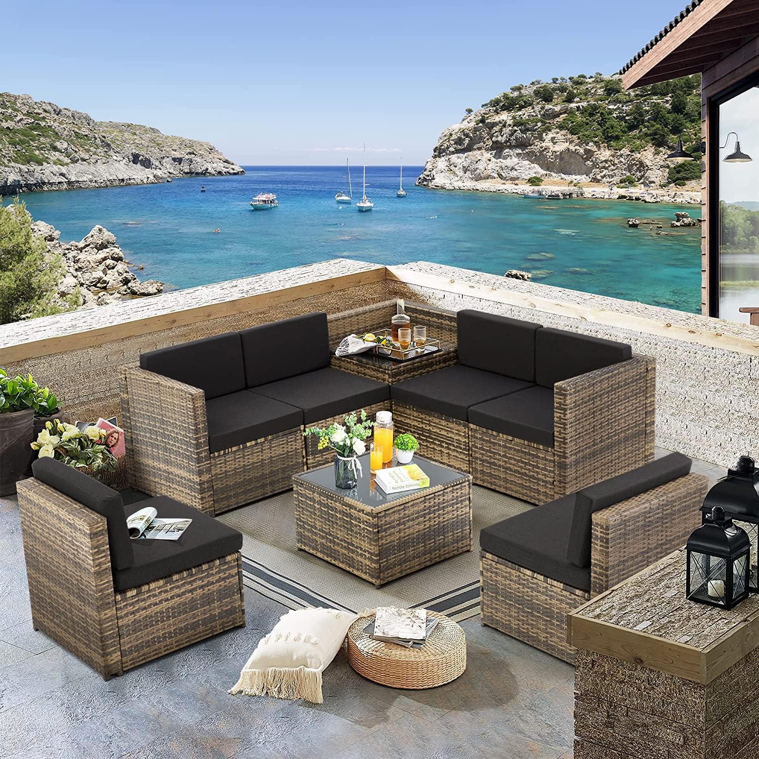 KROFEM 8 Pieces Patio Rattan Furniture Set with Hidden Storage, 7 Sofa Sections, Outdoor Wicker Conversation Set, Grey Color Rattan with Light Grey Cushion - Image 7