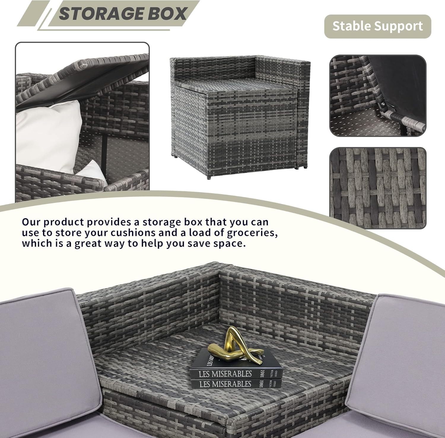 KROFEM 8 Pieces Patio Rattan Furniture Set with Hidden Storage, 7 Sofa Sections, Outdoor Wicker Conversation Set, Grey Color Rattan with Light Grey Cushion - Image 2