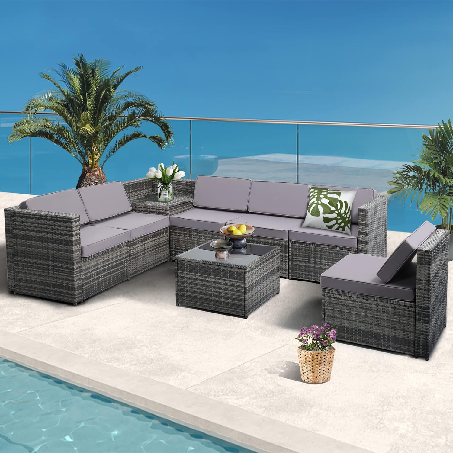 KROFEM 8 Pieces Patio Rattan Furniture Set with Hidden Storage, 7 Sofa Sections, Outdoor Wicker Conversation Set, Grey Color Rattan with Light Grey Cushion - Image 6
