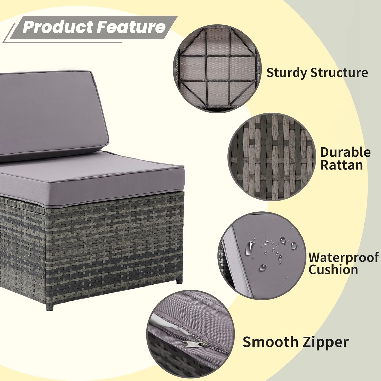 KROFEM 8 Pieces Patio Rattan Furniture Set with Hidden Storage, 7 Sofa Sections, Outdoor Wicker Conversation Set, Grey Color Rattan with Light Grey Cushion - Image 3