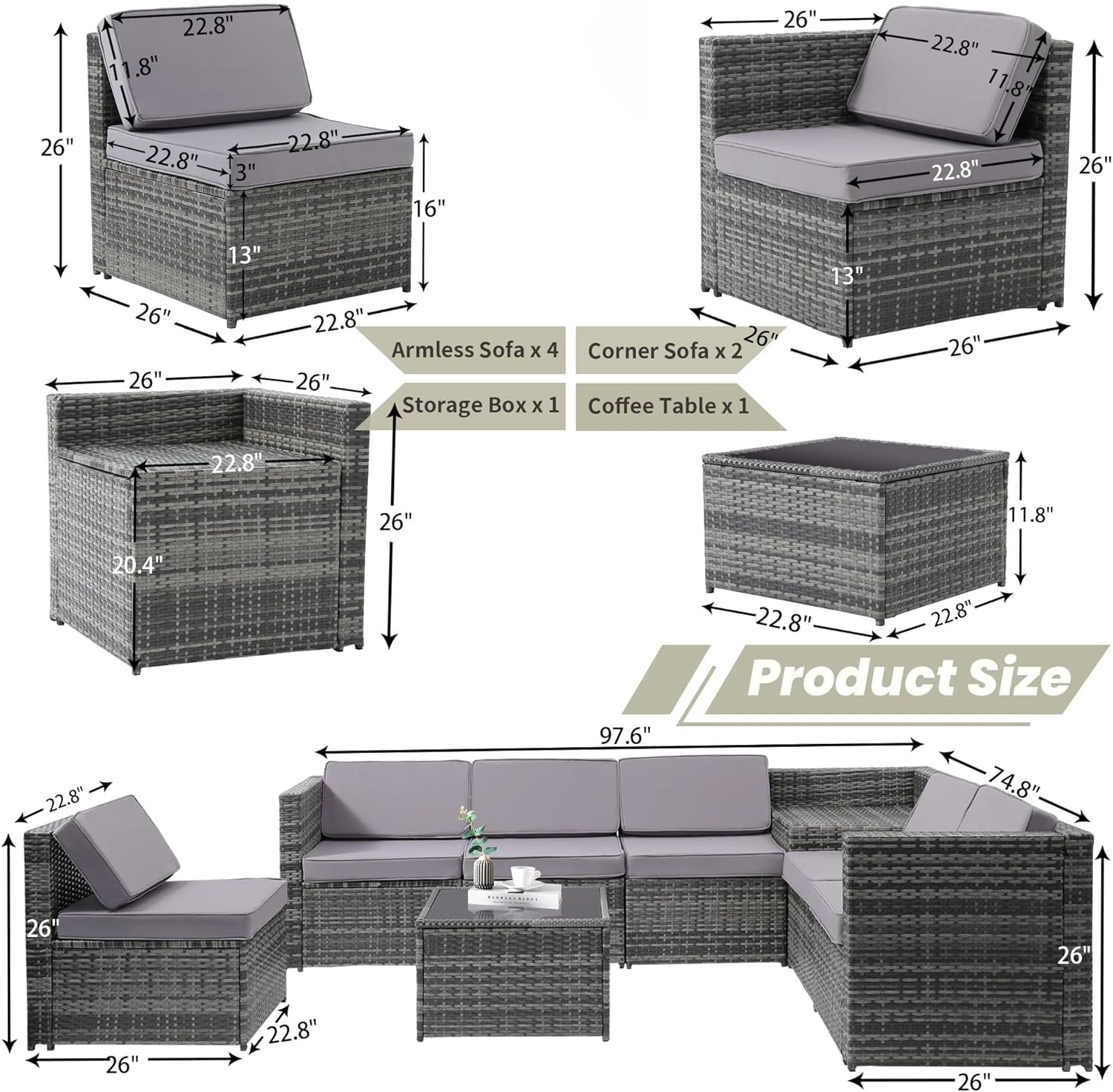 KROFEM 8 Pieces Patio Rattan Furniture Set with Hidden Storage, 7 Sofa Sections, Outdoor Wicker Conversation Set, Grey Color Rattan with Light Grey Cushion - Image 5