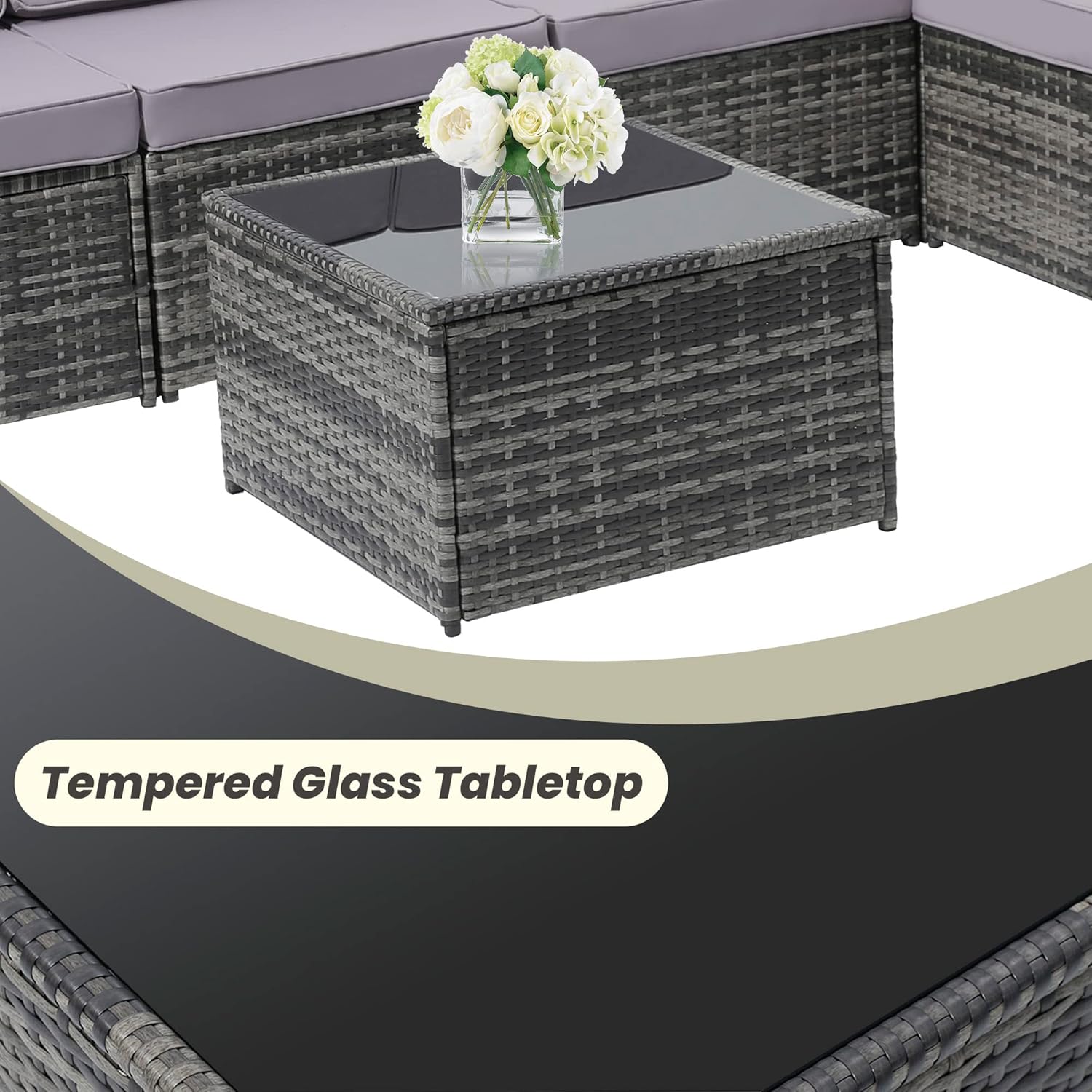 KROFEM 8 Pieces Patio Rattan Furniture Set with Hidden Storage, 7 Sofa Sections, Outdoor Wicker Conversation Set, Grey Color Rattan with Light Grey Cushion - Image 4