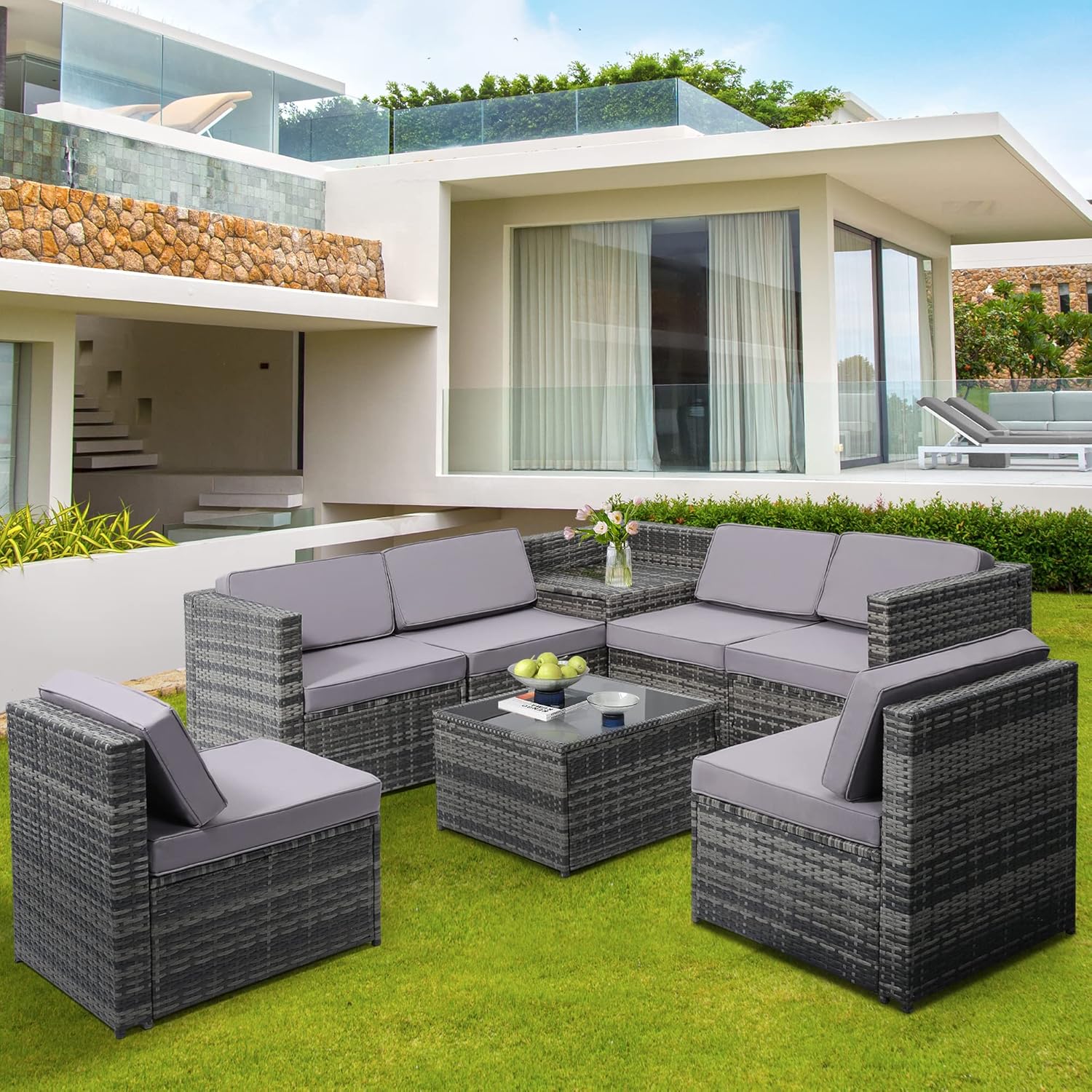 KROFEM 8 Pieces Patio Rattan Furniture Set with Hidden Storage, 7 Sofa Sections, Outdoor Wicker Conversation Set, Grey Color Rattan with Light Grey Cushion
