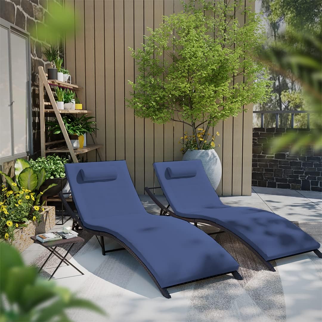 Kullavik Lounge Chair for Outside,3 Pieces Chaise Lounge Outdoor Folding Pool Lounge Chairs Including Table Rattan Patio Furniture Set,Navy Blue