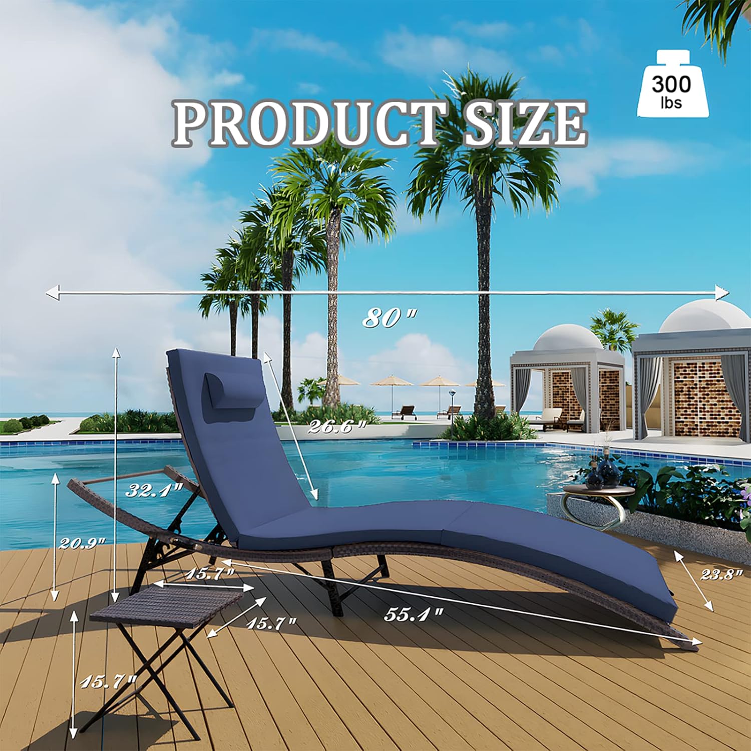 Kullavik Lounge Chair for Outside,3 Pieces Chaise Lounge Outdoor Folding Pool Lounge Chairs Including Table Rattan Patio Furniture Set,Navy Blue - Image 2