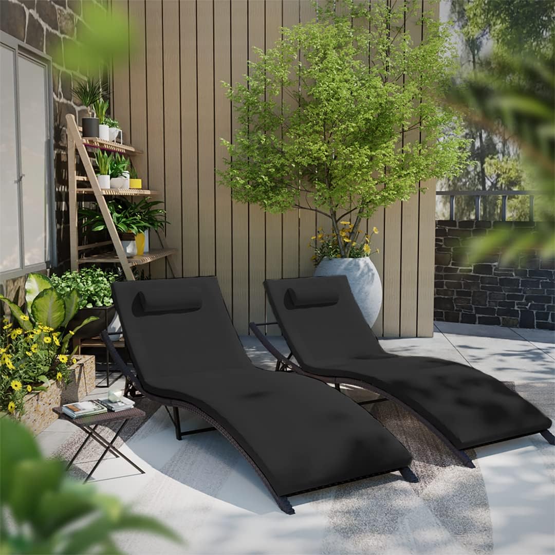 Kullavik Lounge Chair for Outside,3 Pieces Chaise Lounge Outdoor Folding Pool Lounge Chairs Including Table Rattan Patio Furniture Set,Navy Blue - Image 10