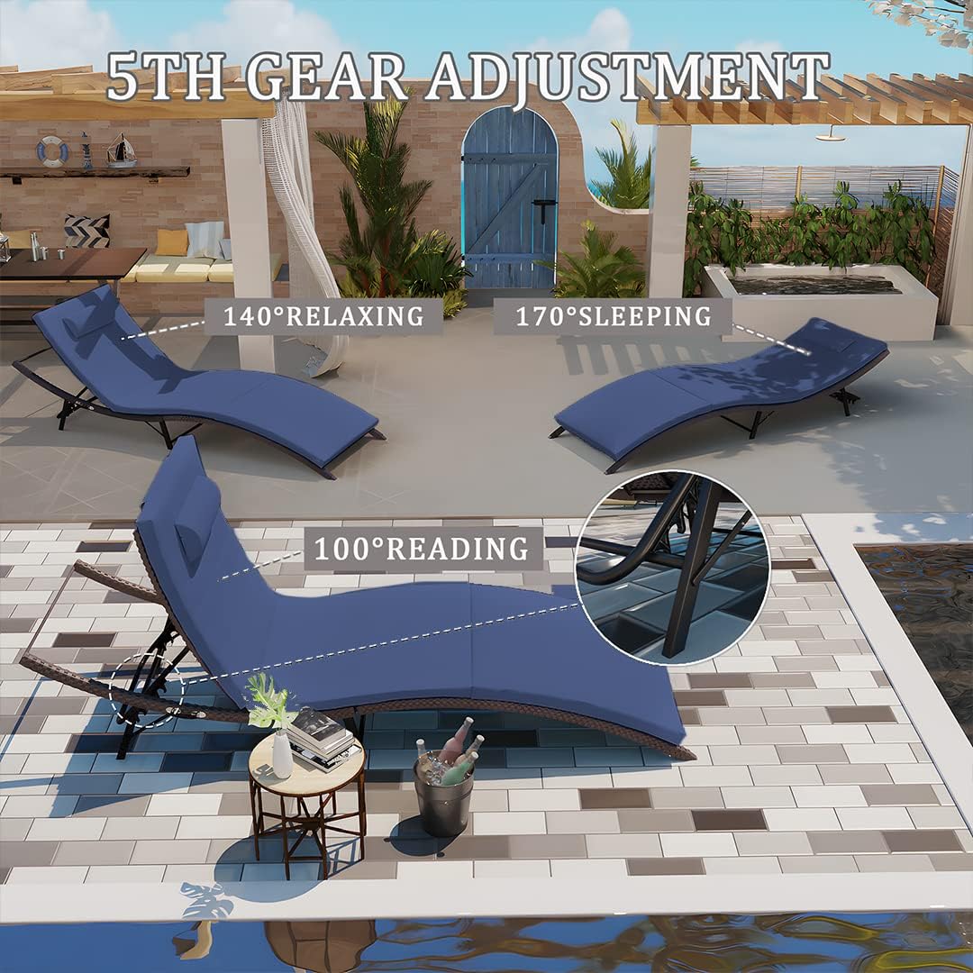 Kullavik Lounge Chair for Outside,3 Pieces Chaise Lounge Outdoor Folding Pool Lounge Chairs Including Table Rattan Patio Furniture Set,Navy Blue - Image 3