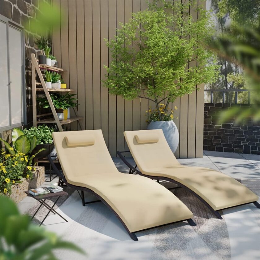 Kullavik Lounge Chair for Outside,3 Pieces Chaise Lounge Outdoor Folding Pool Lounge Chairs Including Table Rattan Patio Furniture Set,Navy Blue - Image 9