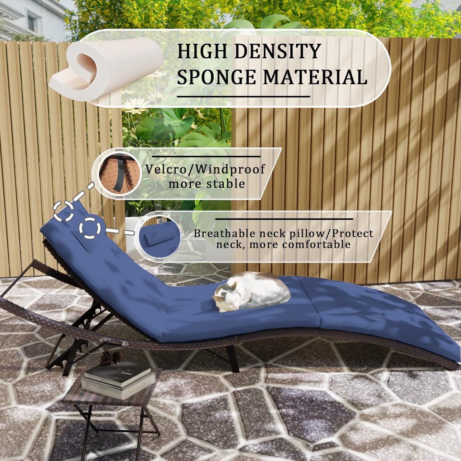 Kullavik Lounge Chair for Outside,3 Pieces Chaise Lounge Outdoor Folding Pool Lounge Chairs Including Table Rattan Patio Furniture Set,Navy Blue - Image 4