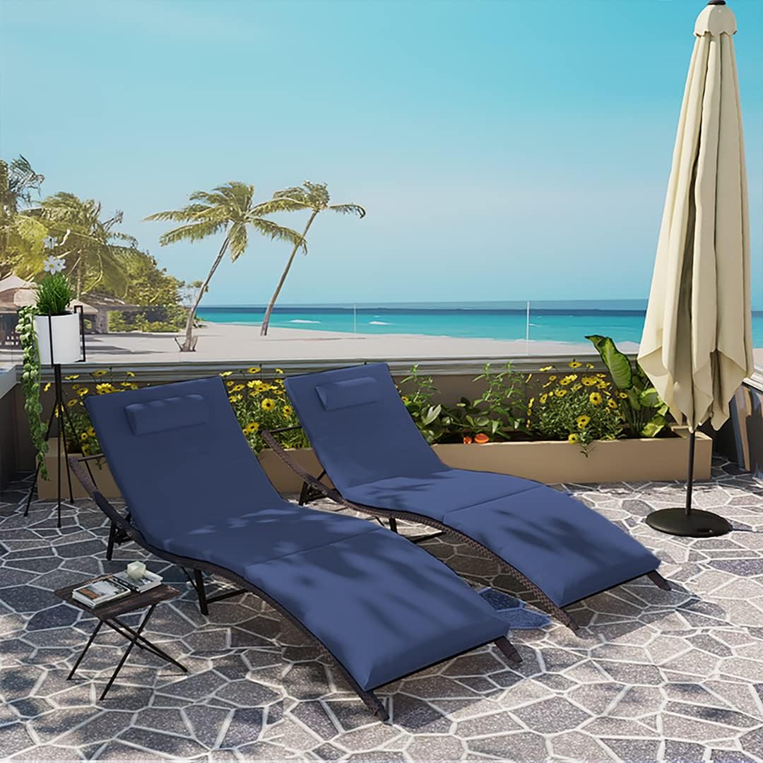 Kullavik Lounge Chair for Outside,3 Pieces Chaise Lounge Outdoor Folding Pool Lounge Chairs Including Table Rattan Patio Furniture Set,Navy Blue - Image 7