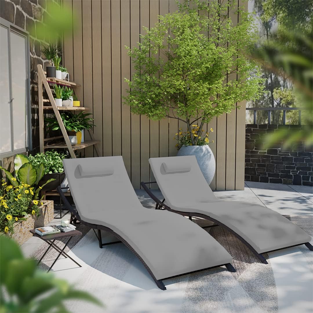 Kullavik Lounge Chair for Outside,3 Pieces Chaise Lounge Outdoor Folding Pool Lounge Chairs Including Table Rattan Patio Furniture Set,Navy Blue - Image 8