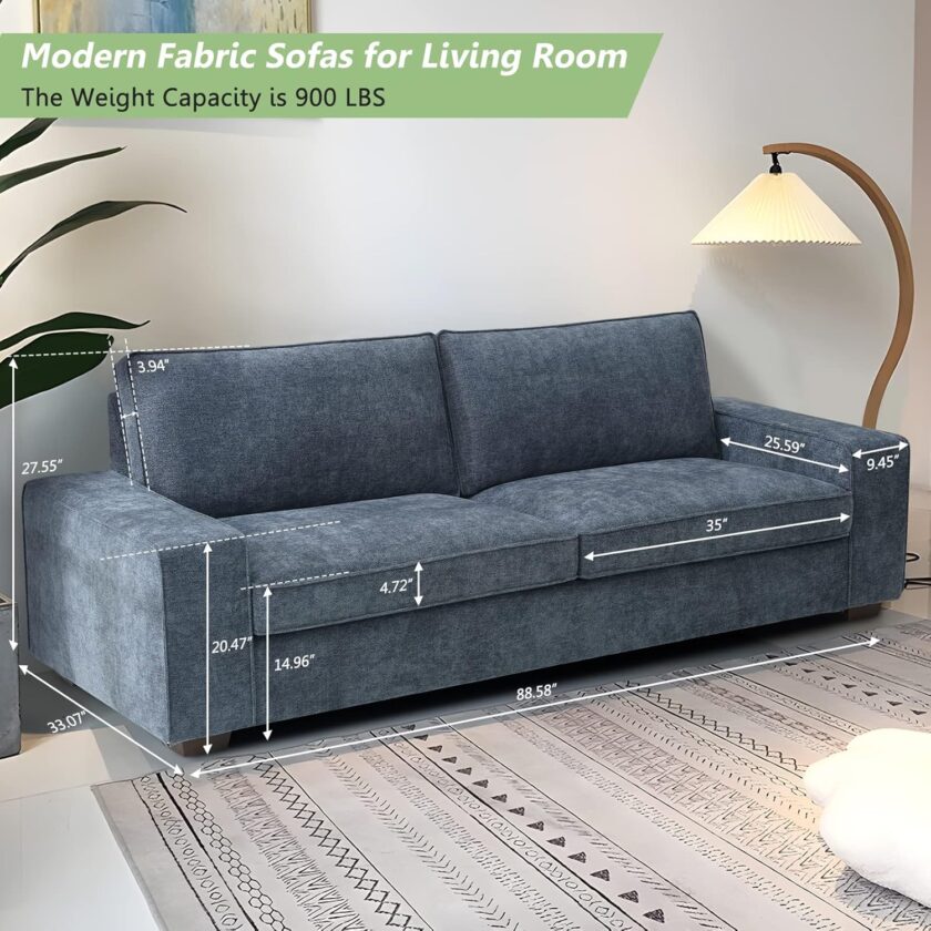 LEISLAND 88.58" Modern Sofas Couches for Living Room, Chenille Deep Seat Sofas & couches with Square Armrest, Removable Low-Back Sofa Cushion and Detachable Sofa Cover\/Easy to Install(Blue) - Image 6