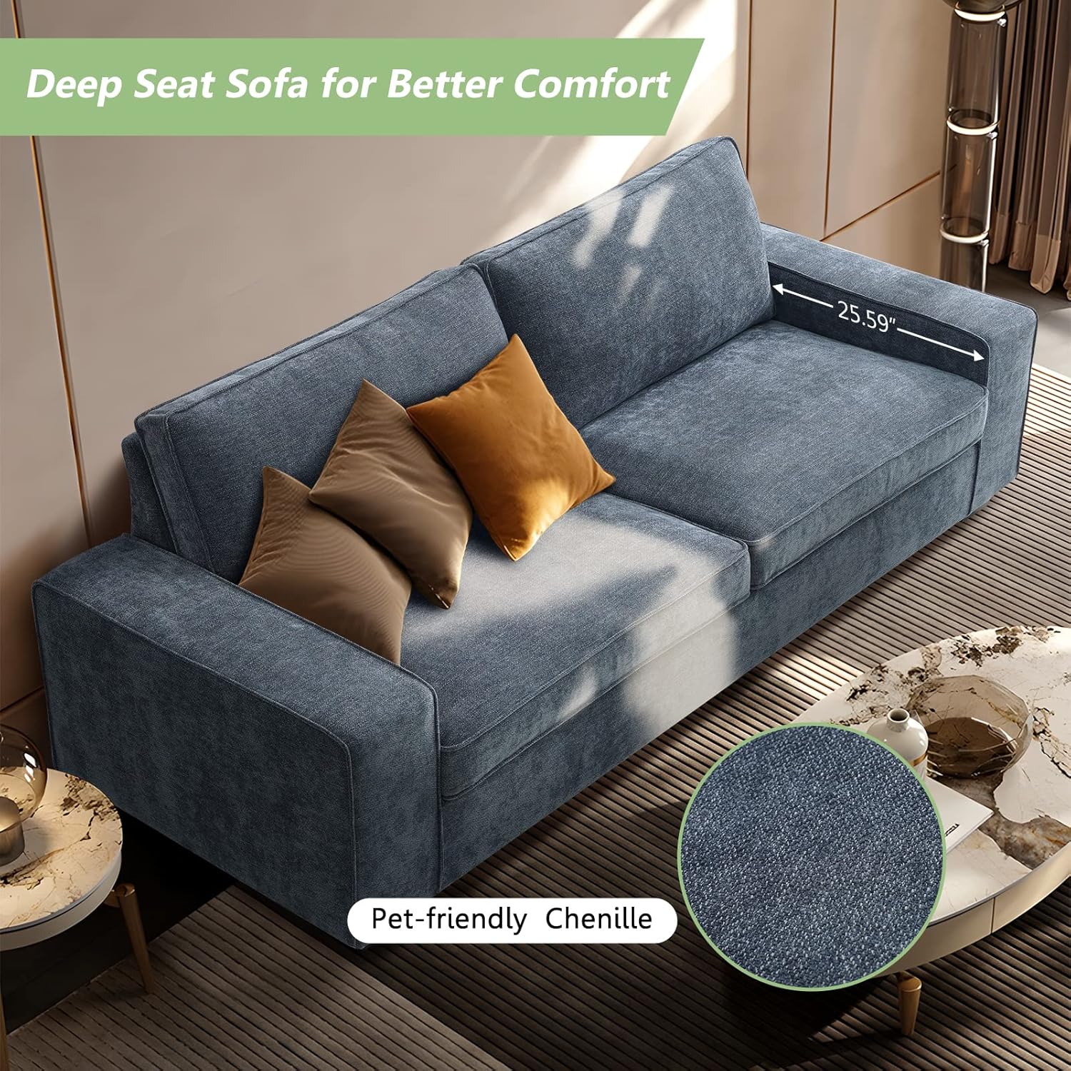 LEISLAND 88.58" Modern Sofas Couches for Living Room, Chenille Deep Seat Sofas & couches with Square Armrest, Removable Low-Back Sofa Cushion and Detachable Sofa Cover\/Easy to Install(Blue) - Image 3