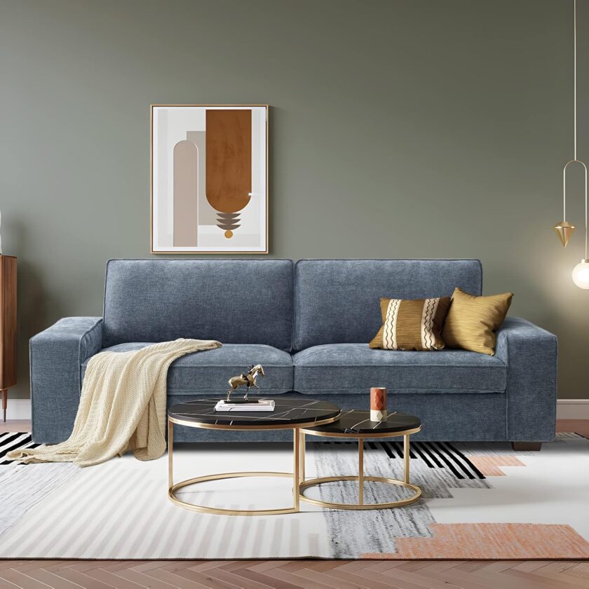 LEISLAND 88.58" Modern Sofas Couches for Living Room, Chenille Deep Seat Sofas & couches with Square Armrest, Removable Low-Back Sofa Cushion and Detachable Sofa Cover\/Easy to Install(Blue)