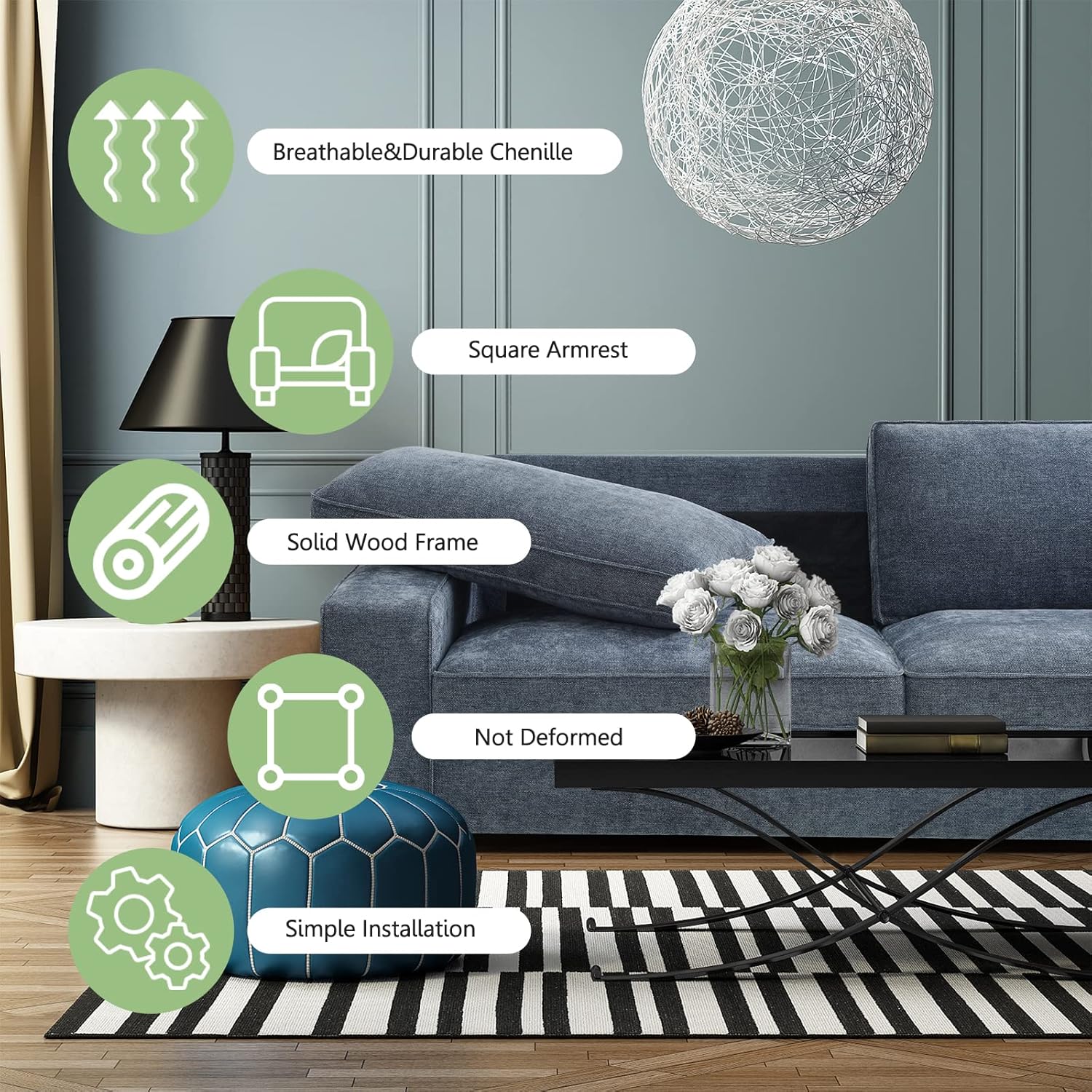 LEISLAND 88.58" Modern Sofas Couches for Living Room, Chenille Deep Seat Sofas & couches with Square Armrest, Removable Low-Back Sofa Cushion and Detachable Sofa Cover\/Easy to Install(Blue) - Image 4