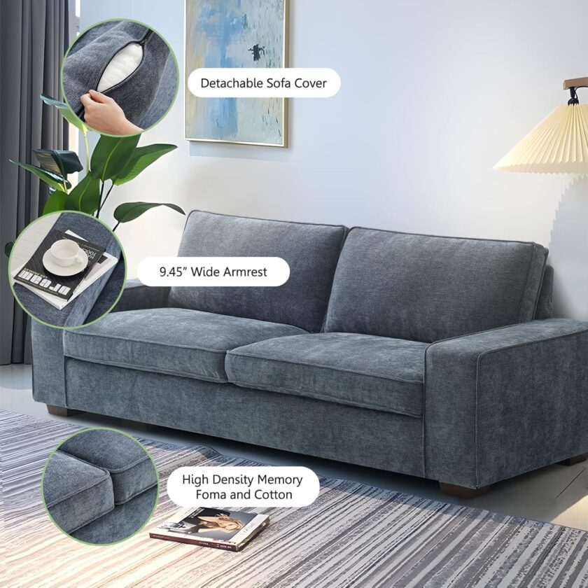LEISLAND 88.58" Modern Sofas Couches for Living Room, Chenille Deep Seat Sofas & couches with Square Armrest, Removable Low-Back Sofa Cushion and Detachable Sofa Cover\/Easy to Install(Blue) - Image 2