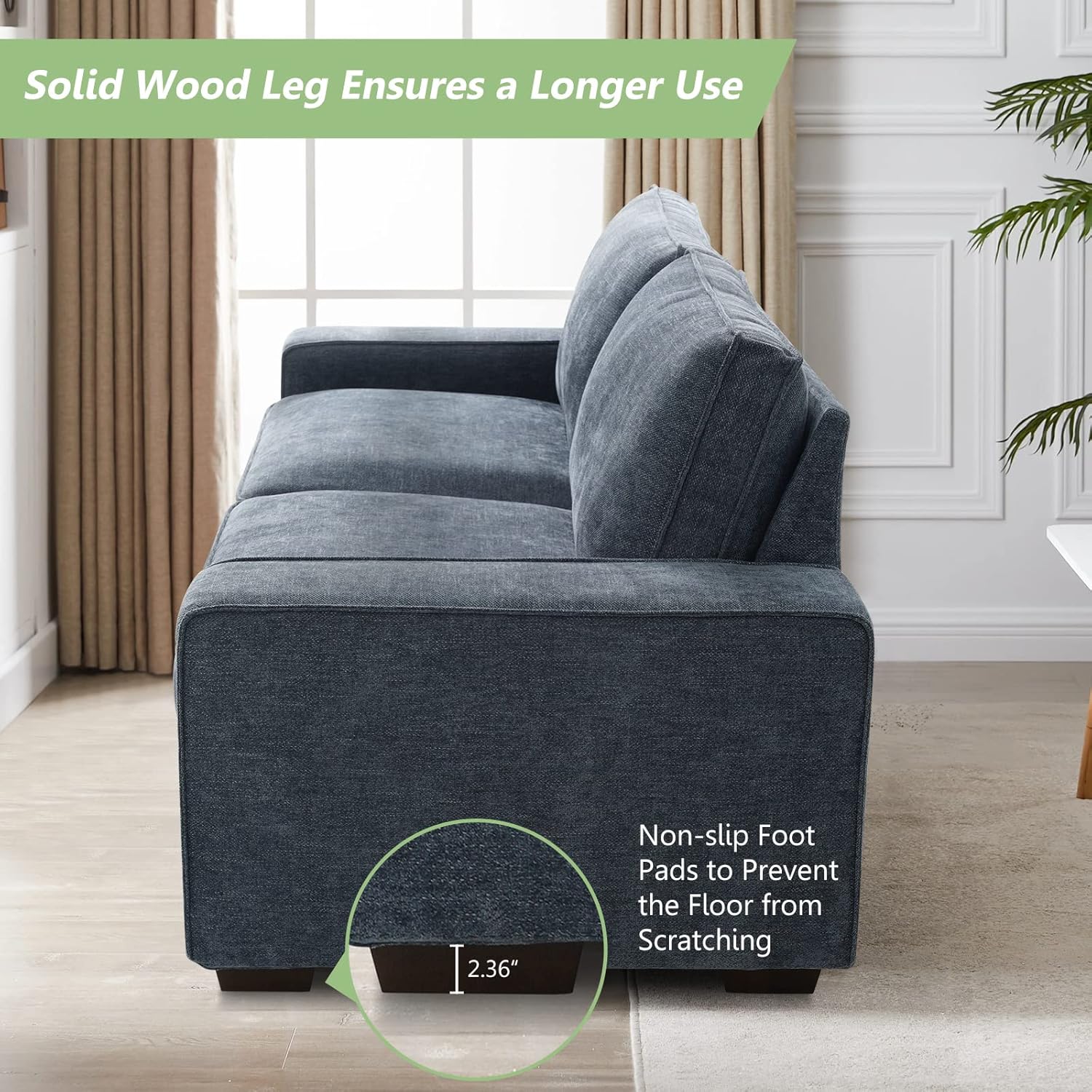 LEISLAND 88.58" Modern Sofas Couches for Living Room, Chenille Deep Seat Sofas & couches with Square Armrest, Removable Low-Back Sofa Cushion and Detachable Sofa Cover\/Easy to Install(Blue) - Image 5